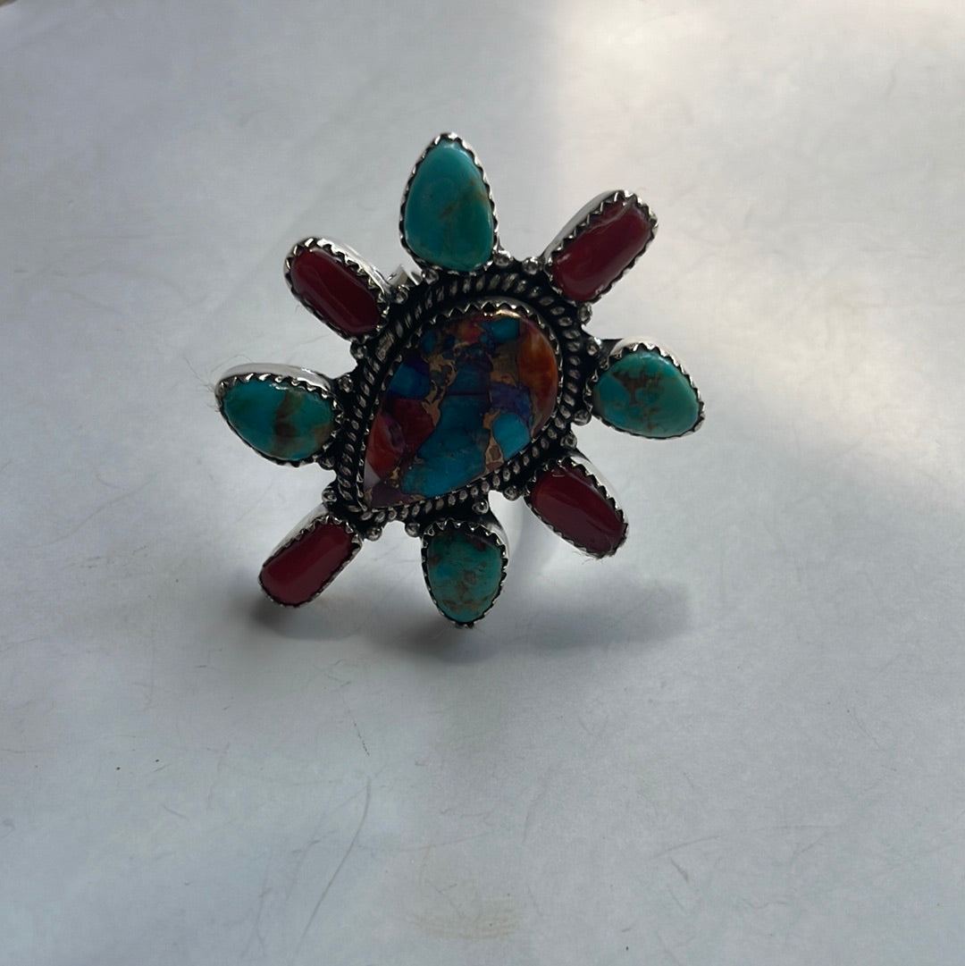 Handmade Sterling Silver, Turquoise, Coral & Blue Mojave Adjustable Ring Signed Nizhoni