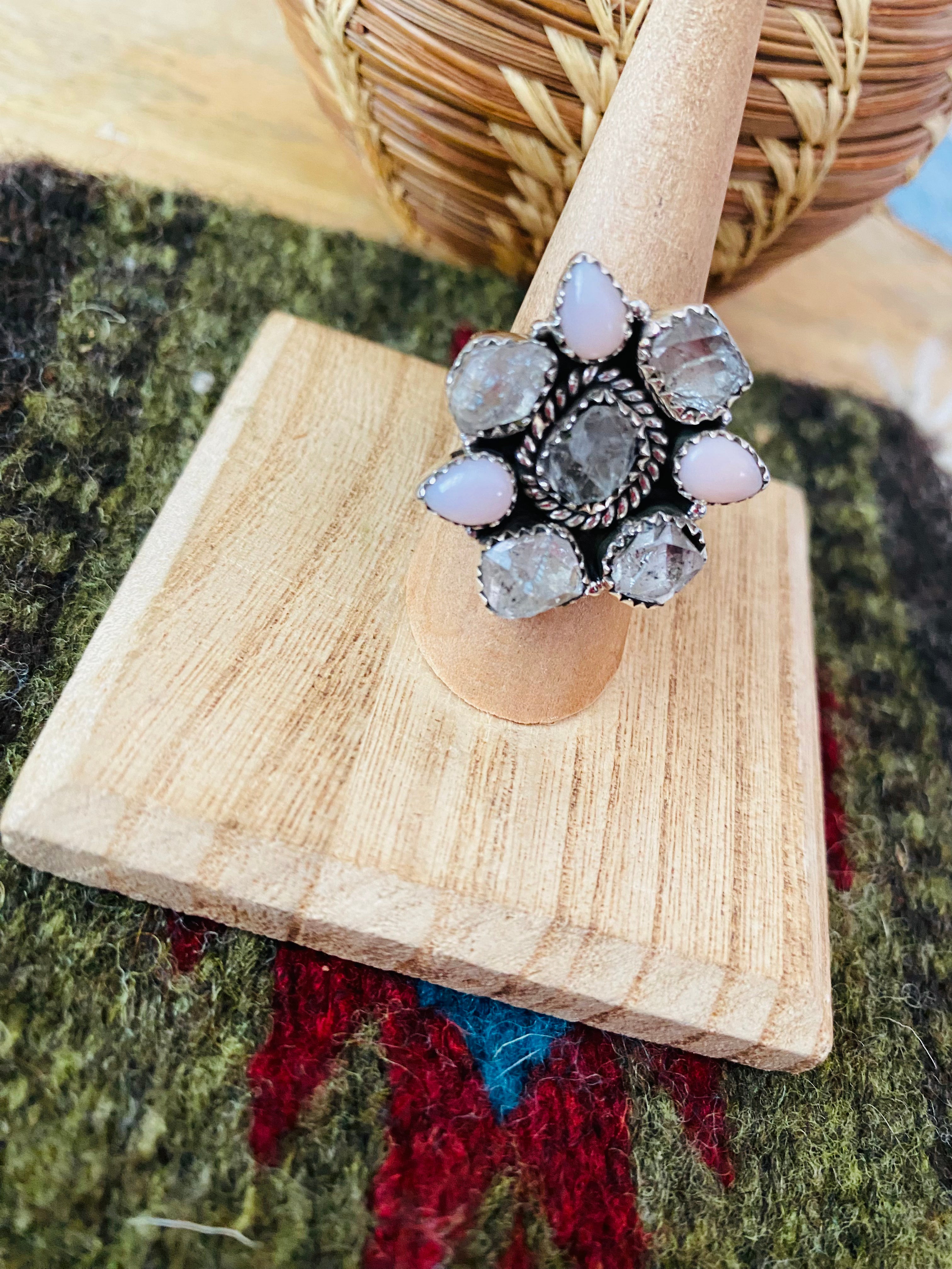 Handmade Sterling Silver, Herkimer Diamond & Queen Pink Conch She’ll Cluster Adjustable Ring