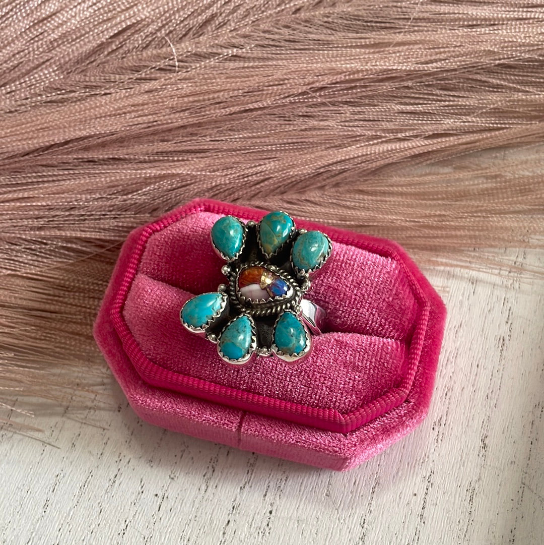 “The Willow” Handmade Sterling Silver, Turquoise & Pink Dream Cluster Adjustable Ring Signed Nizhoni