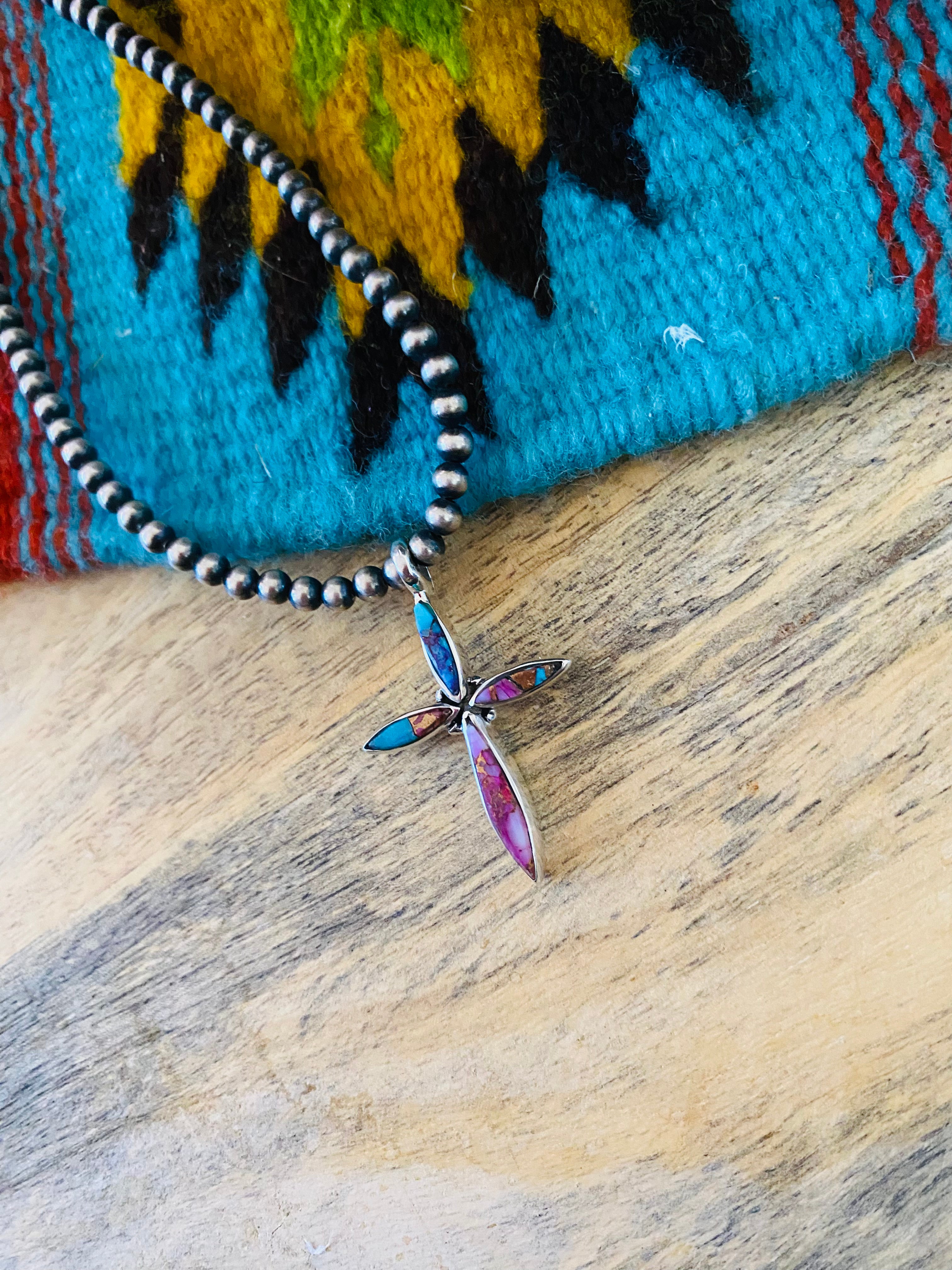 Navajo Sterling Silver & Pink Dream Cross Pendant