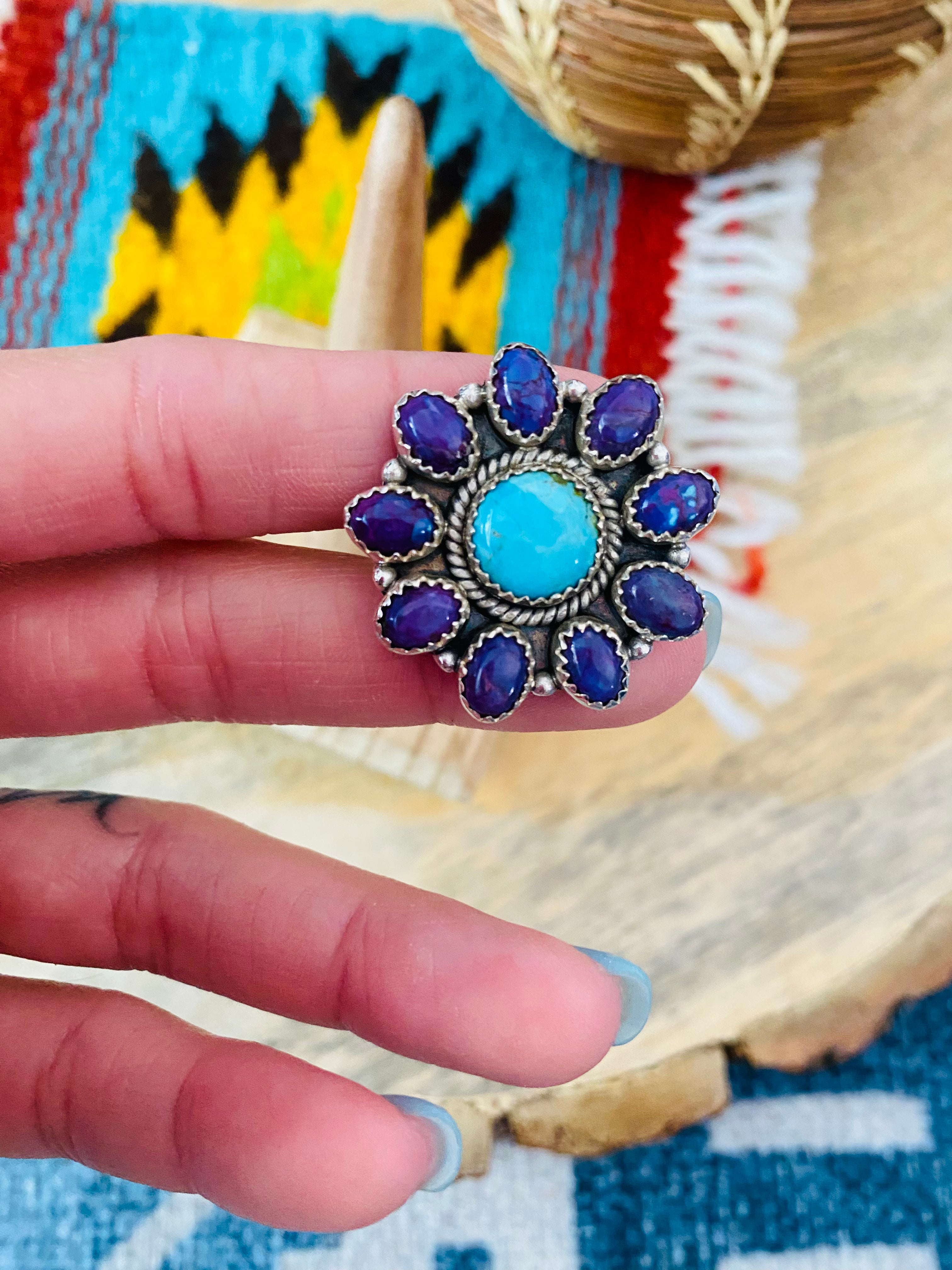 Handmade Sterling Silver, Turquoise & Purple Mojave Cluster Adjustable Ring