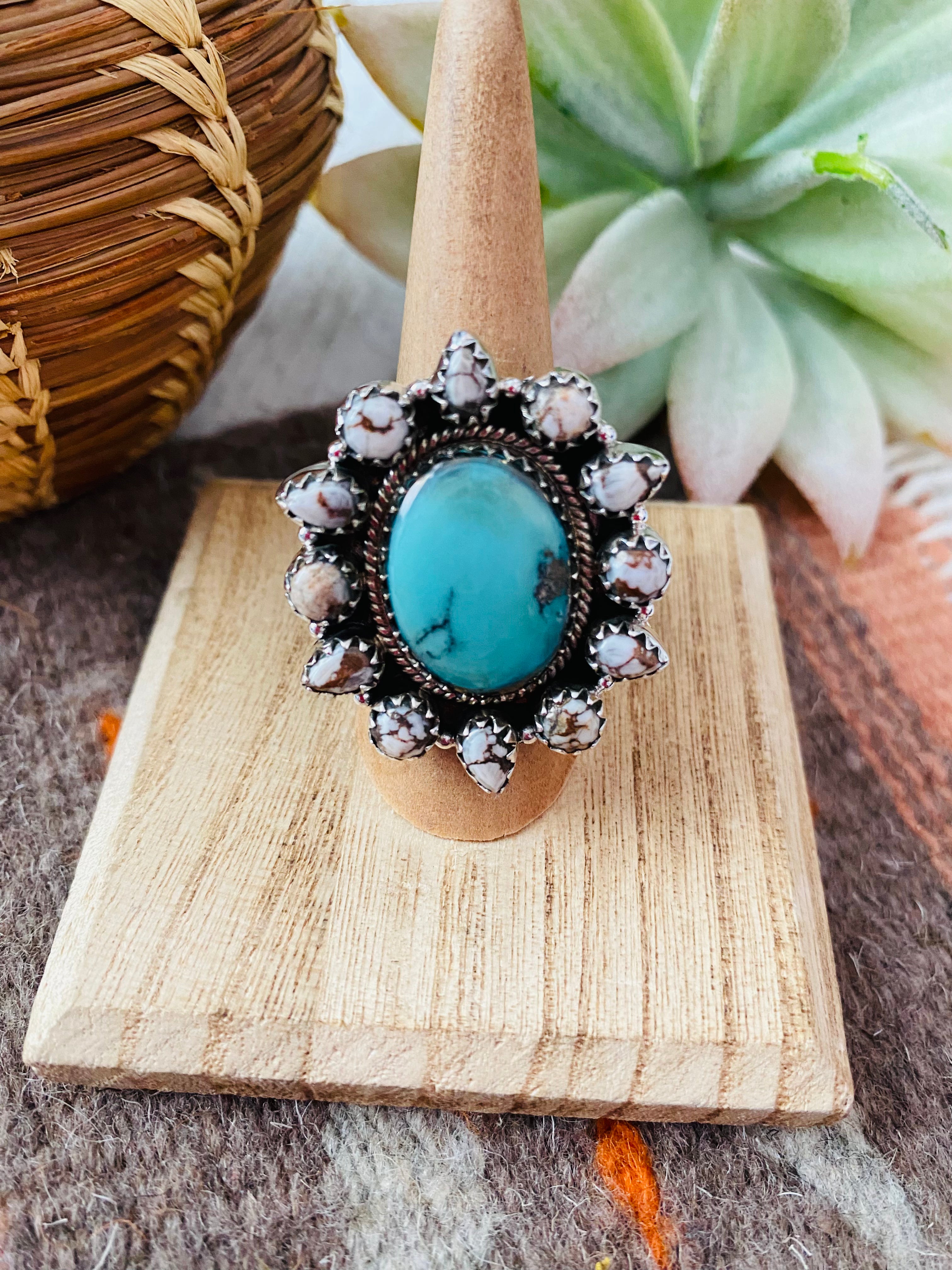 Handmade Sterling Silver, Turquoise & Wild Horse Cluster Adjustable Ring