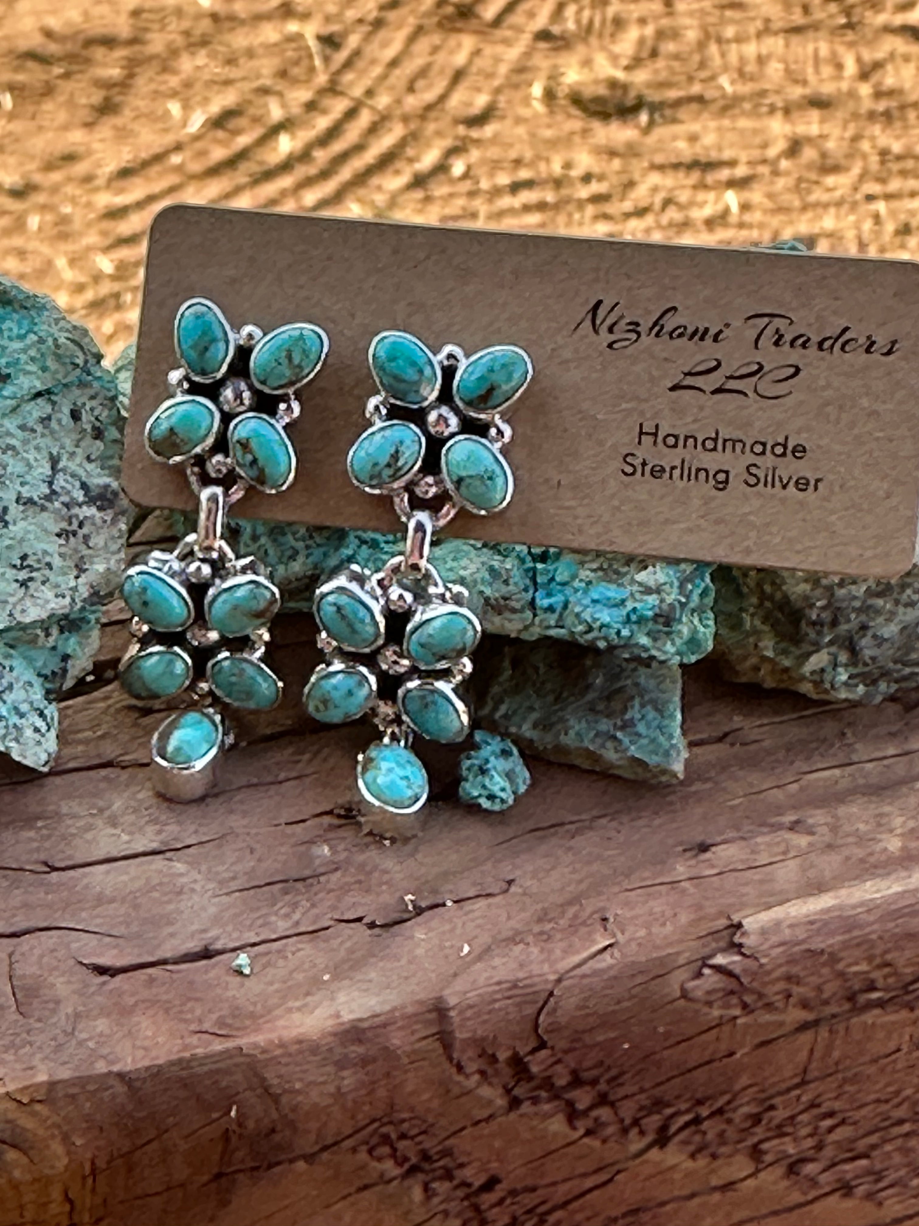 Handmade Flower Royston Turquoise and Silver Silver Drop Dangles