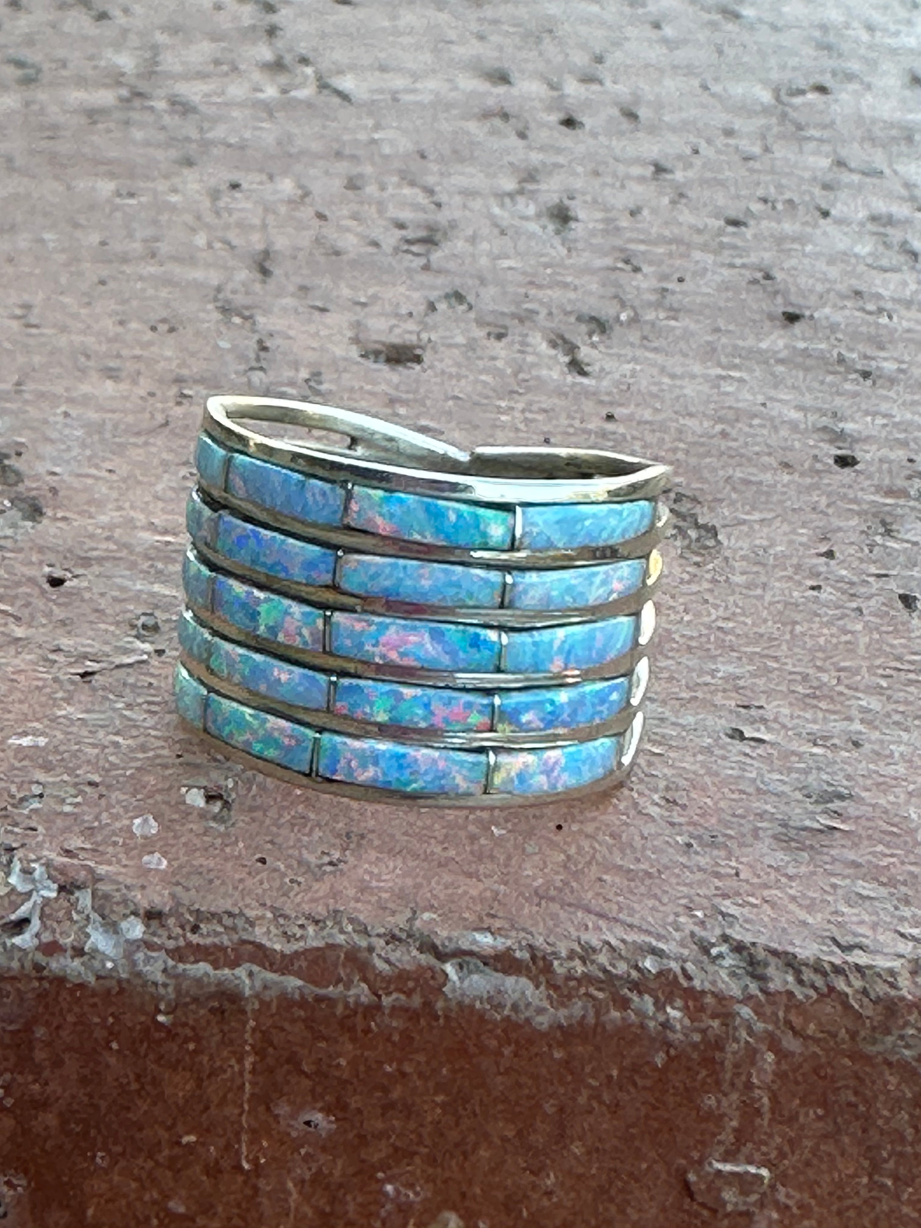 Navajo Sterling Silver & White Opal Inlayed Wide Stacker Ring