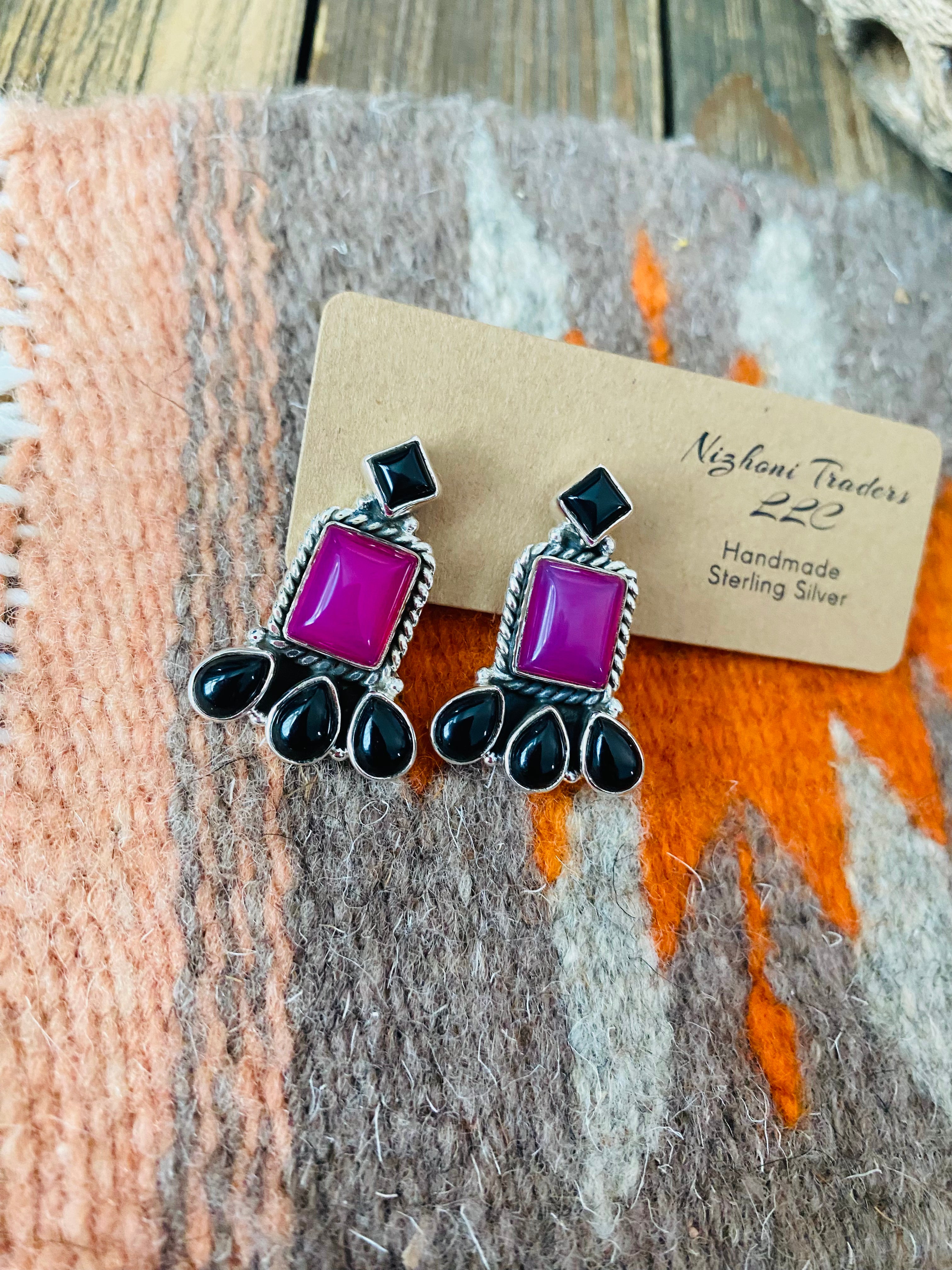 Handmade Pink & Black Onyx Sterling Silver Post Earrings Signed Nizhoni