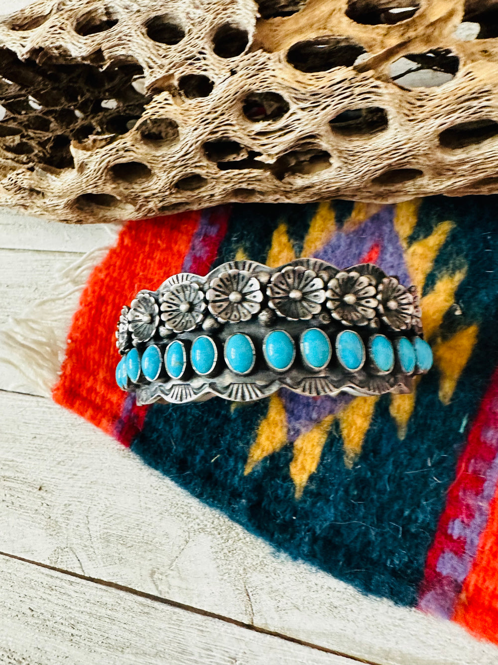 Navajo Turquoise & Sterling Silver Flower Cuff Bracelet /