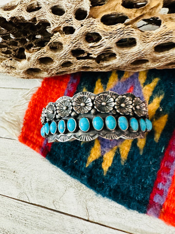 Navajo Turquoise & Sterling Silver Flower Cuff Bracelet /