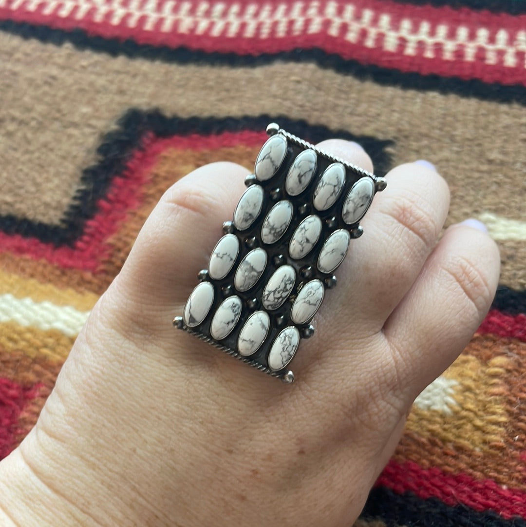 Navajo Sterling Silver & White Buffalo Cluster Ring Signed Jacquline Silver