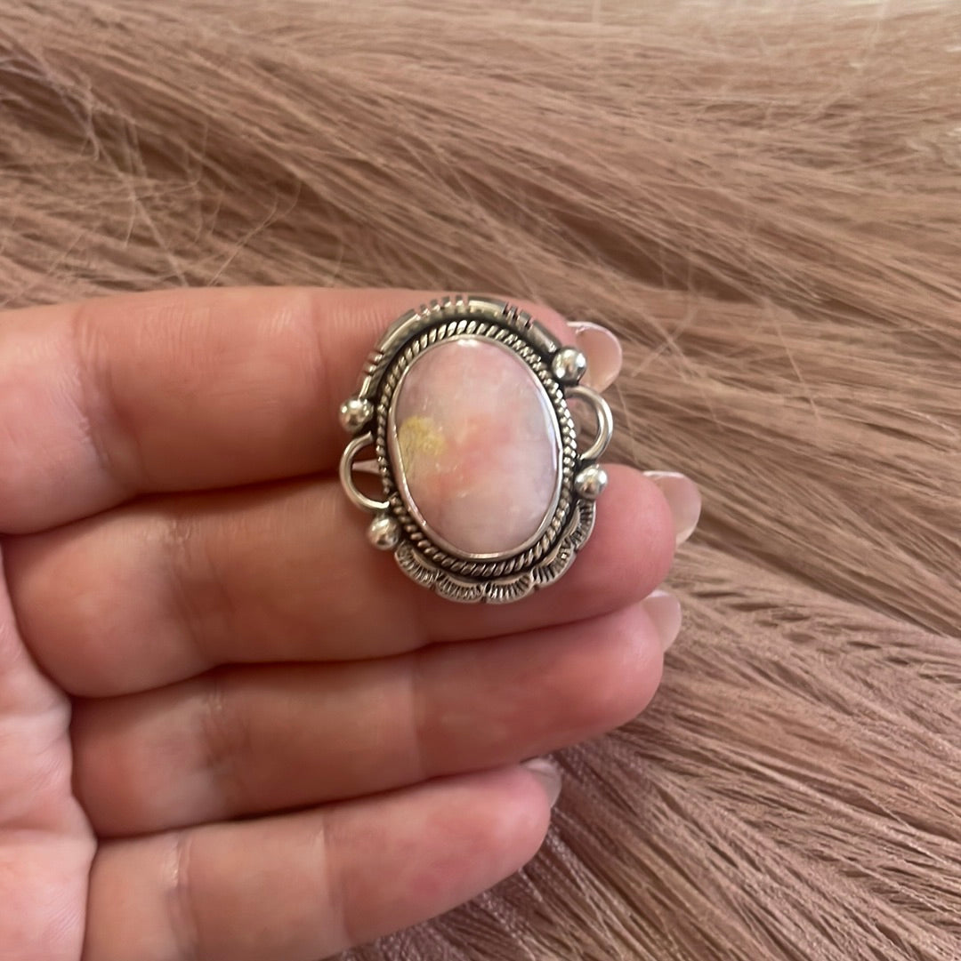 Gorgeous Navajo Pink Peruvian Opal And Sterling Silver Adjustable Ring