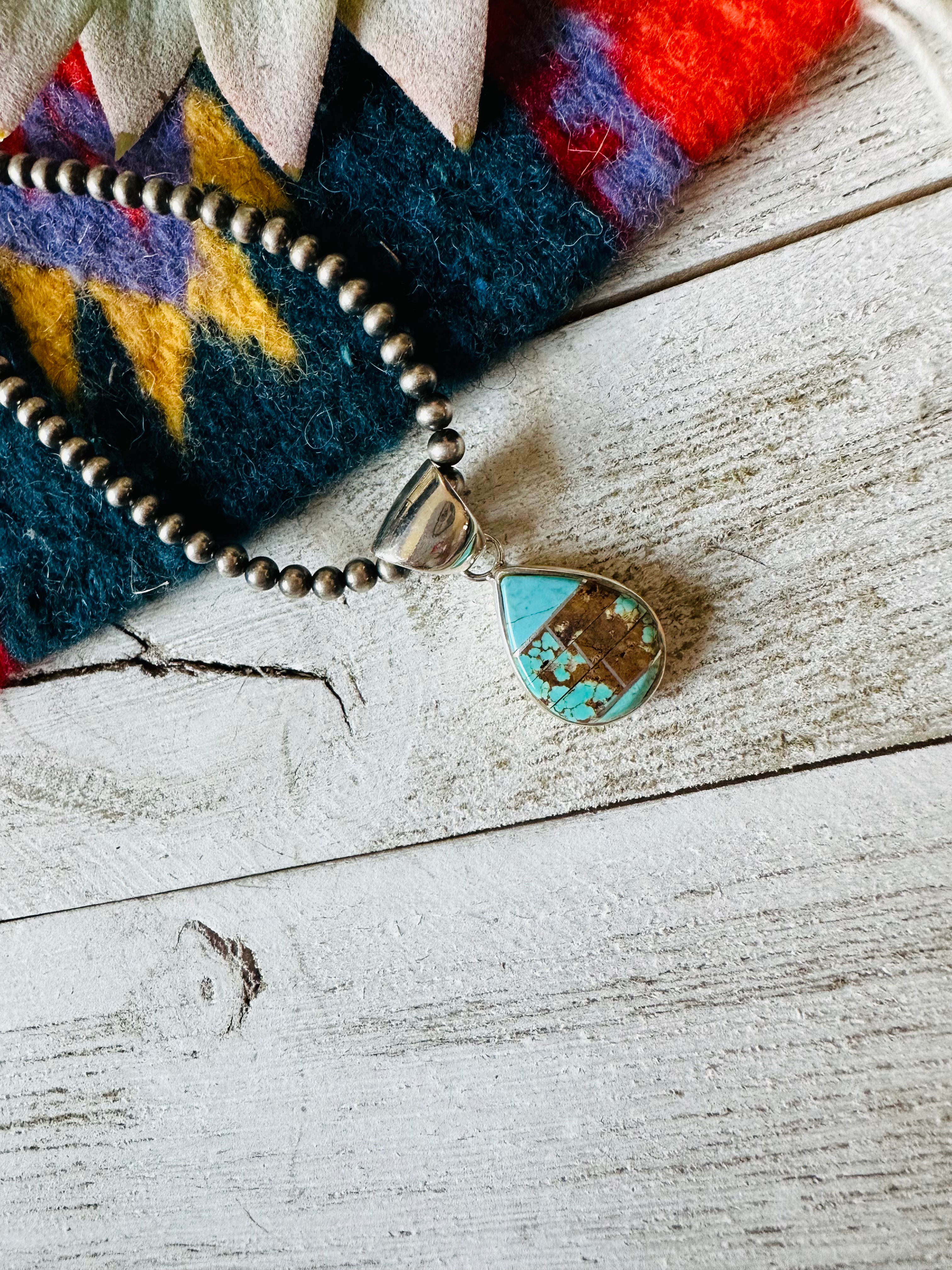 Navajo Number 8 Turquoise & Sterling Silver Teardrop Inlay Pendant