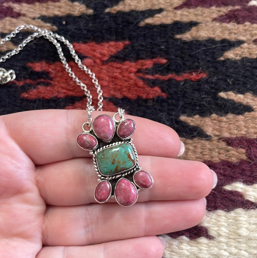 Handmade Sterling Silver, Rhodonite & Turquoise Necklace