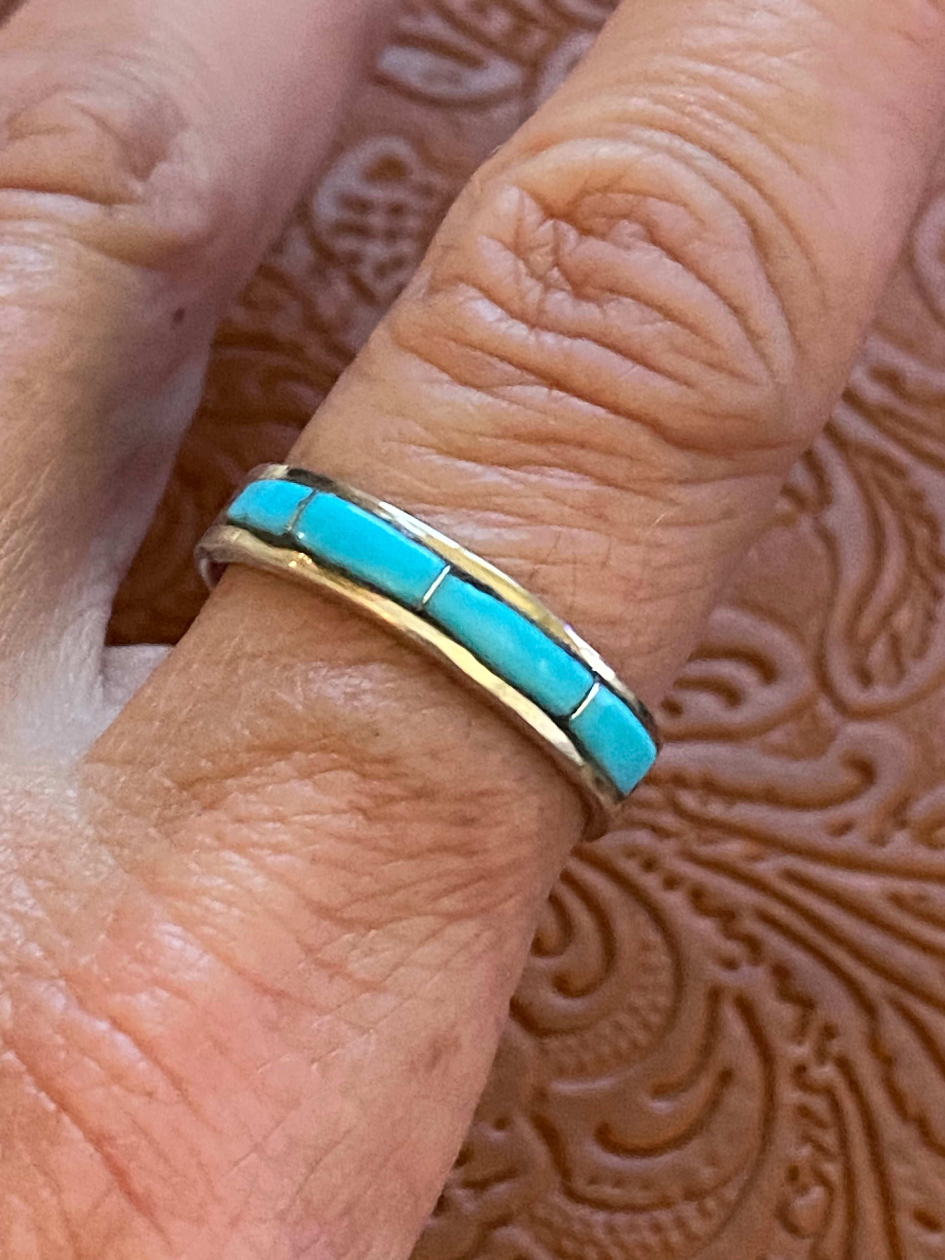 Zuni Sterling Silver & Turquoise 4 Stone Inlay Band Ring