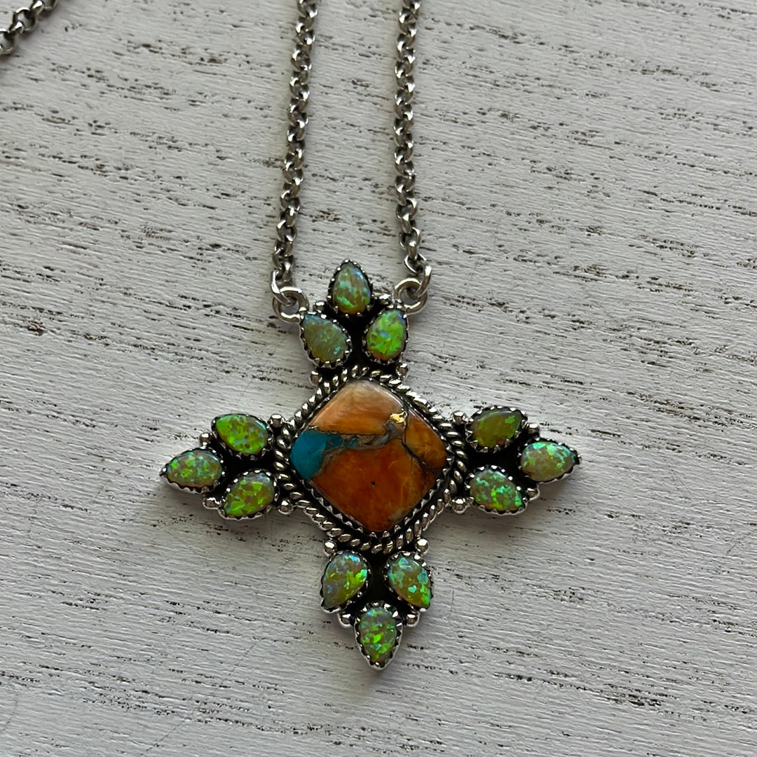 Handmade Sterling Silver, Opal & Spice Necklace Signed Nizhoni