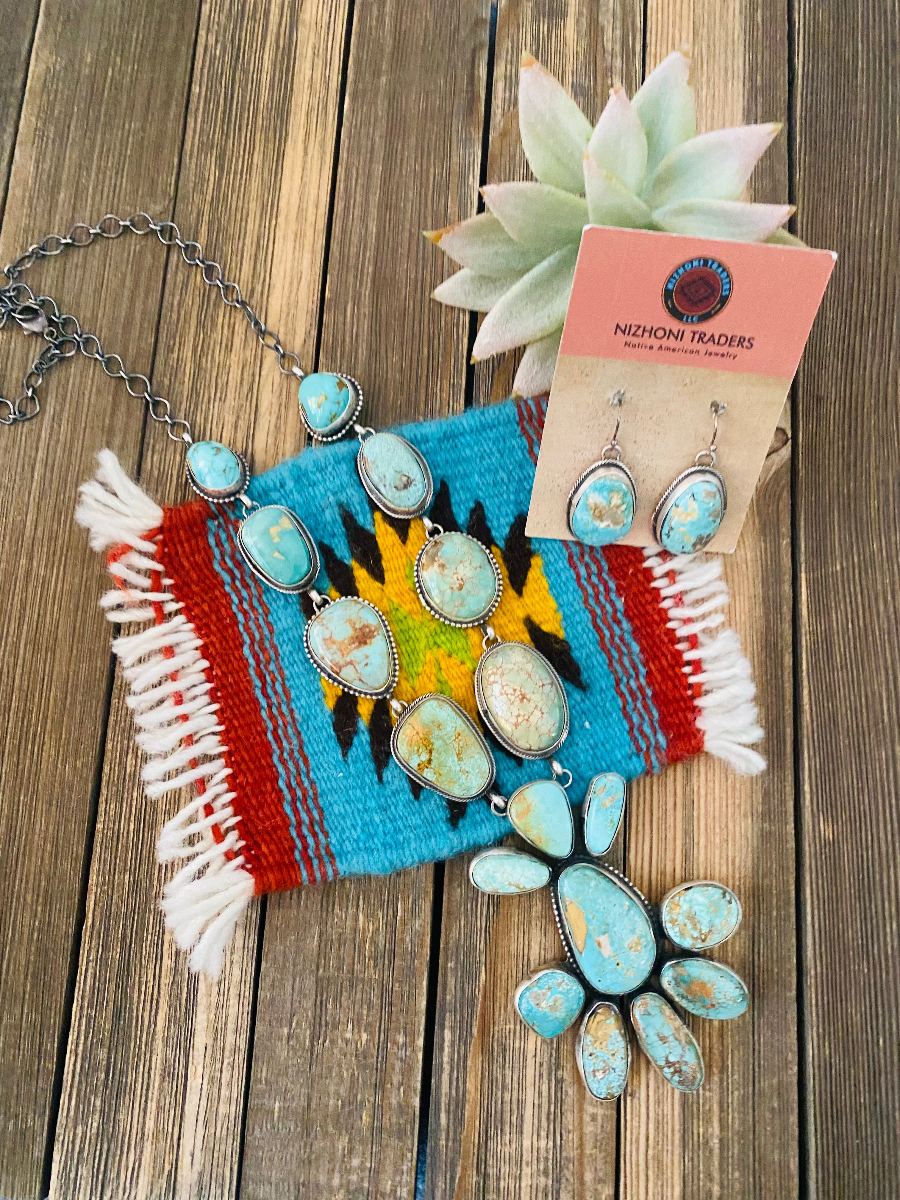 Stunning Navajo Carico Lake Turquoise & Sterling Silver Necklace Set