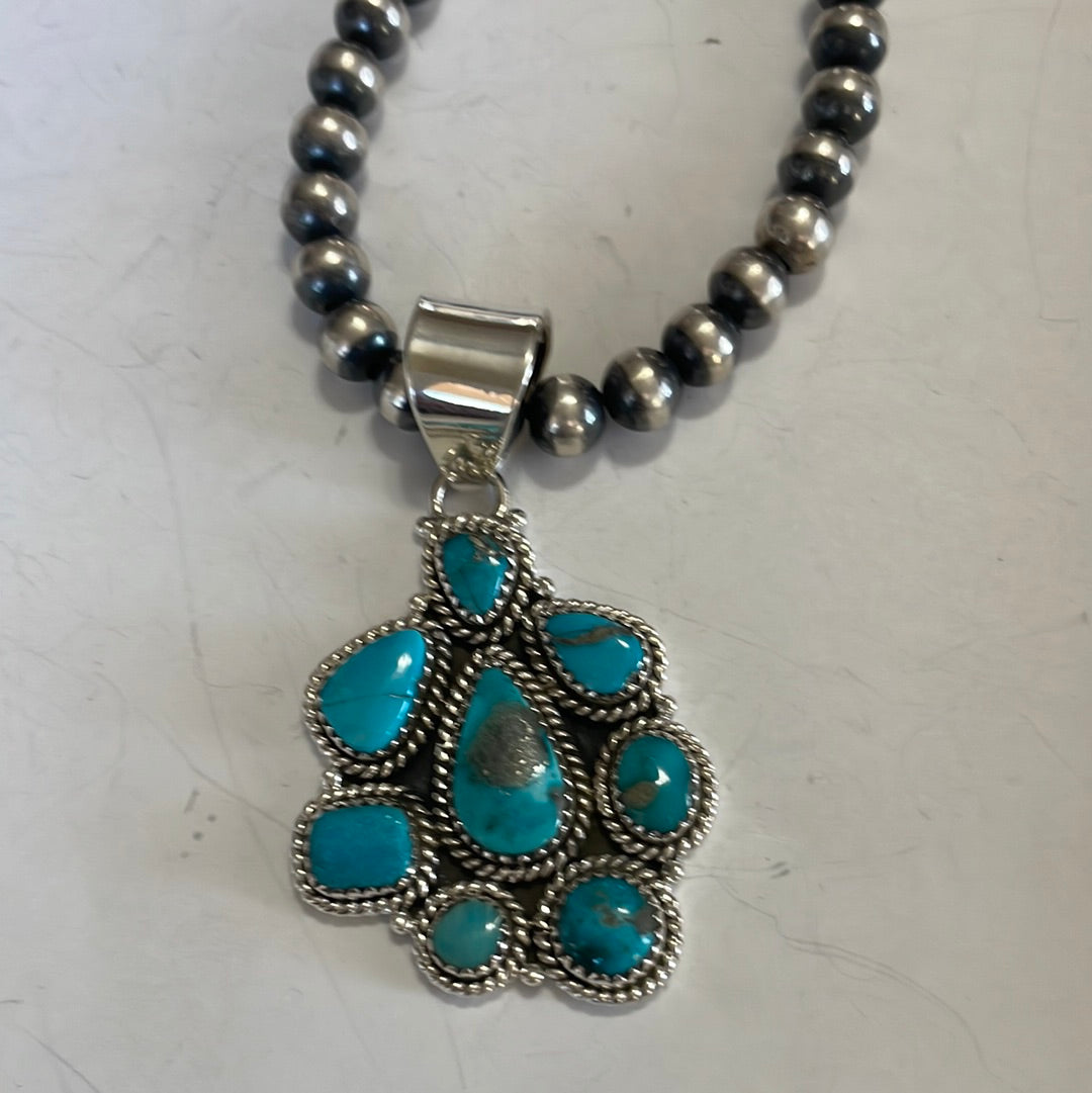 Handmade Sterling Silver & Turquoise Cluster Pendant Signed Nizhoni