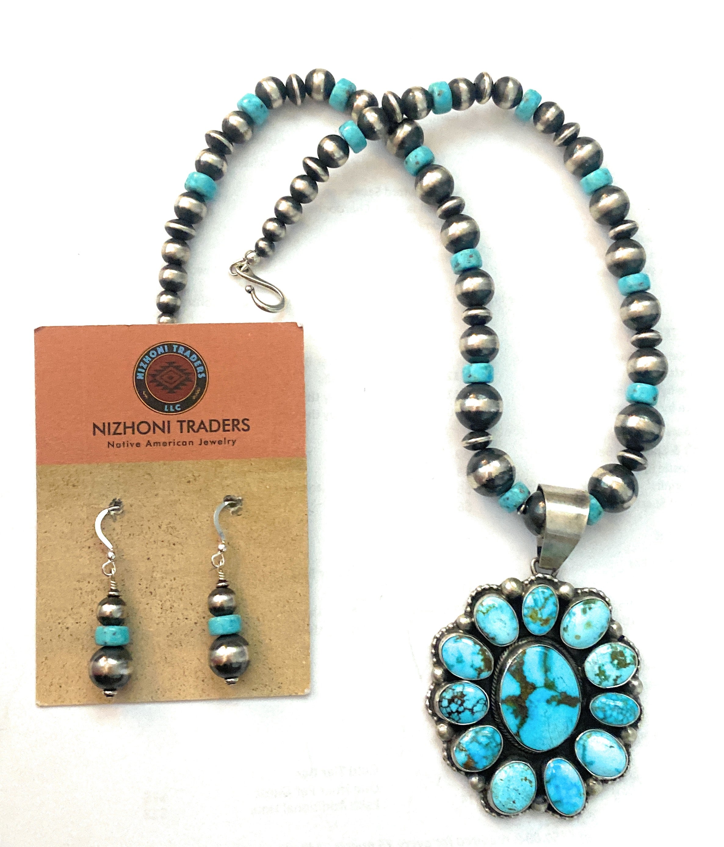 Navajo Sterling Silver & Kingman Turquoise Beaded Necklace Set