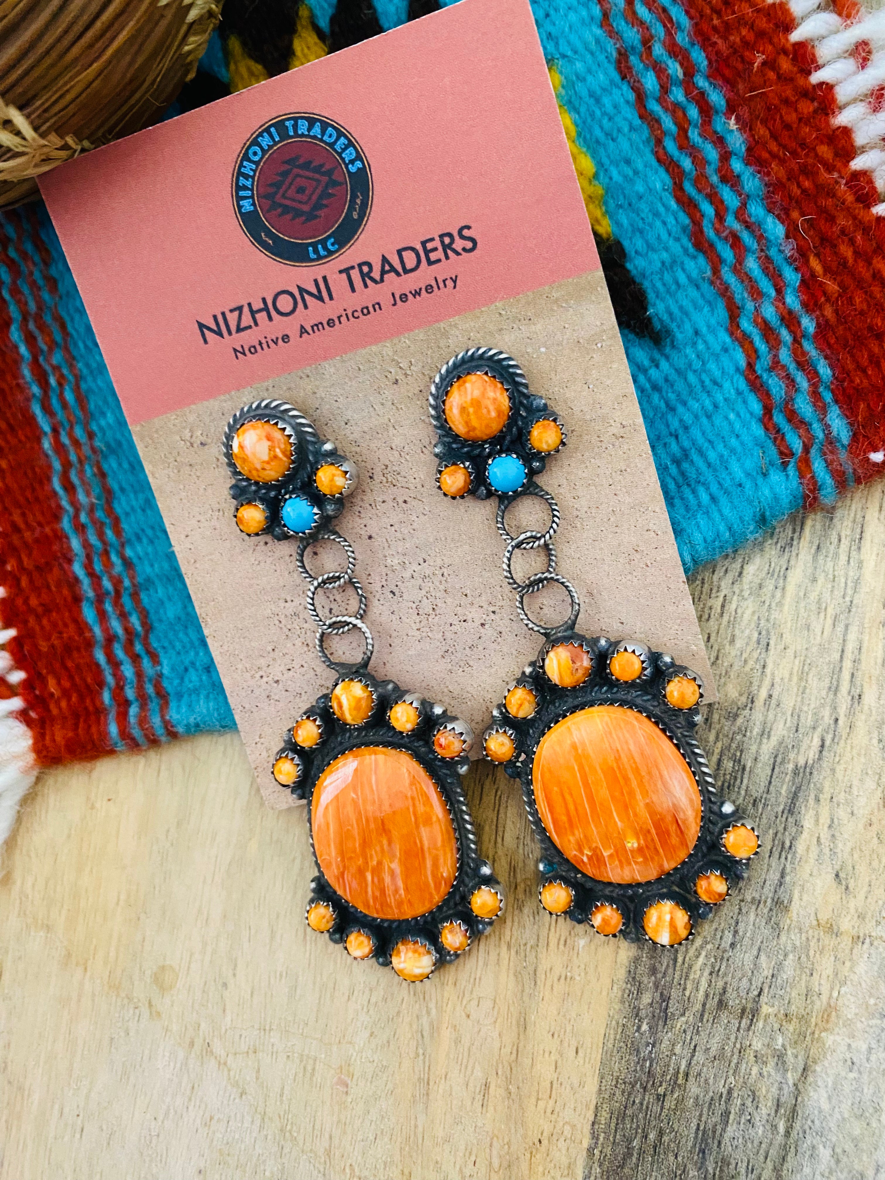 Navajo Sterling Silver, Orange Spiny & Turquoise Dangle Earrings