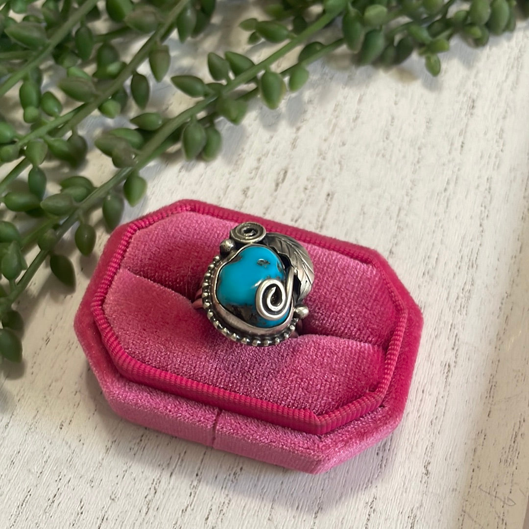 Navajo Turquoise & Sterling Silver Feather Ring Signed Size 8.75