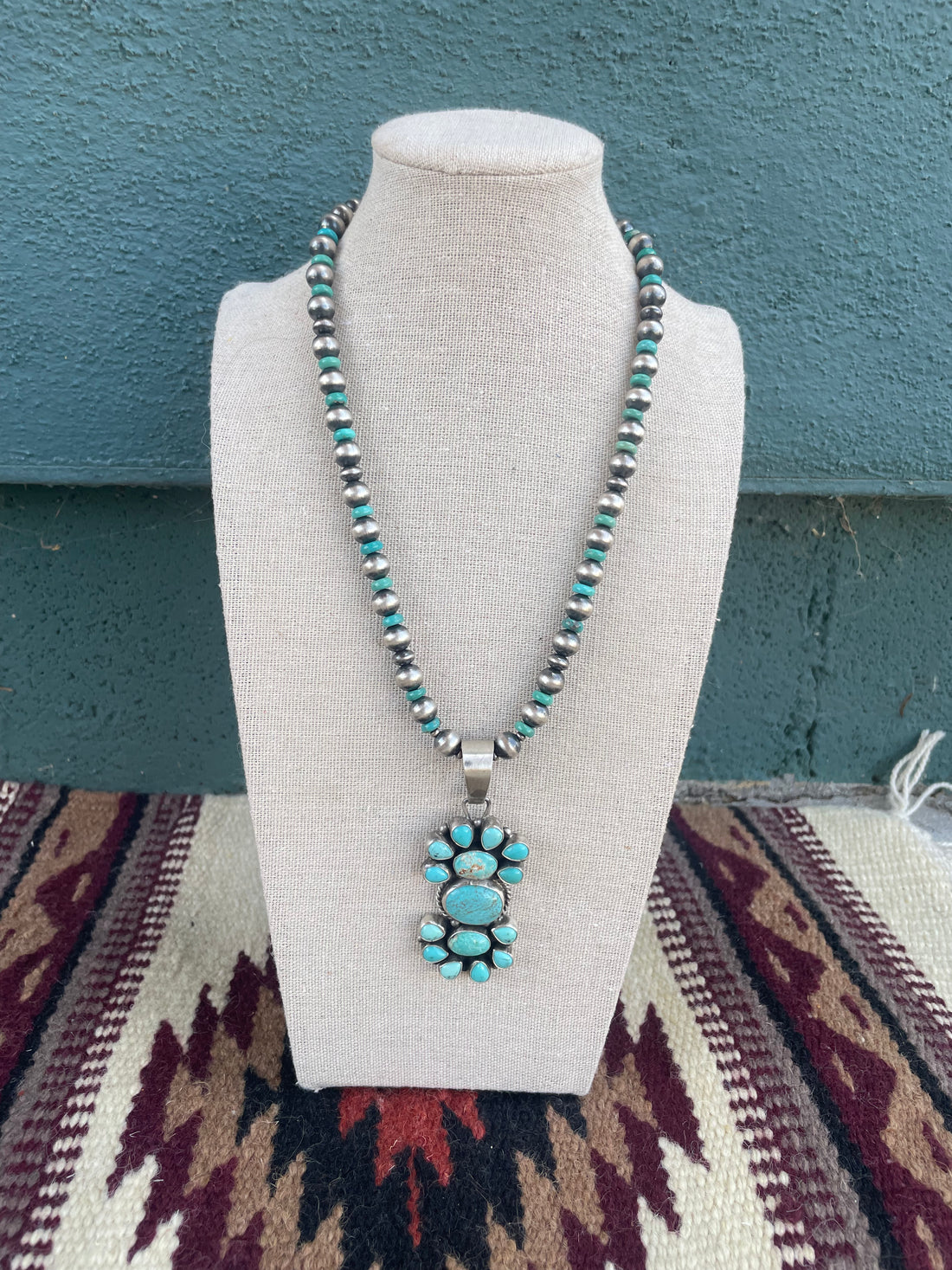 Beautiful Beaded Navajo Sterling Silver and Turquoise Necklace Signed Sheila Becenti