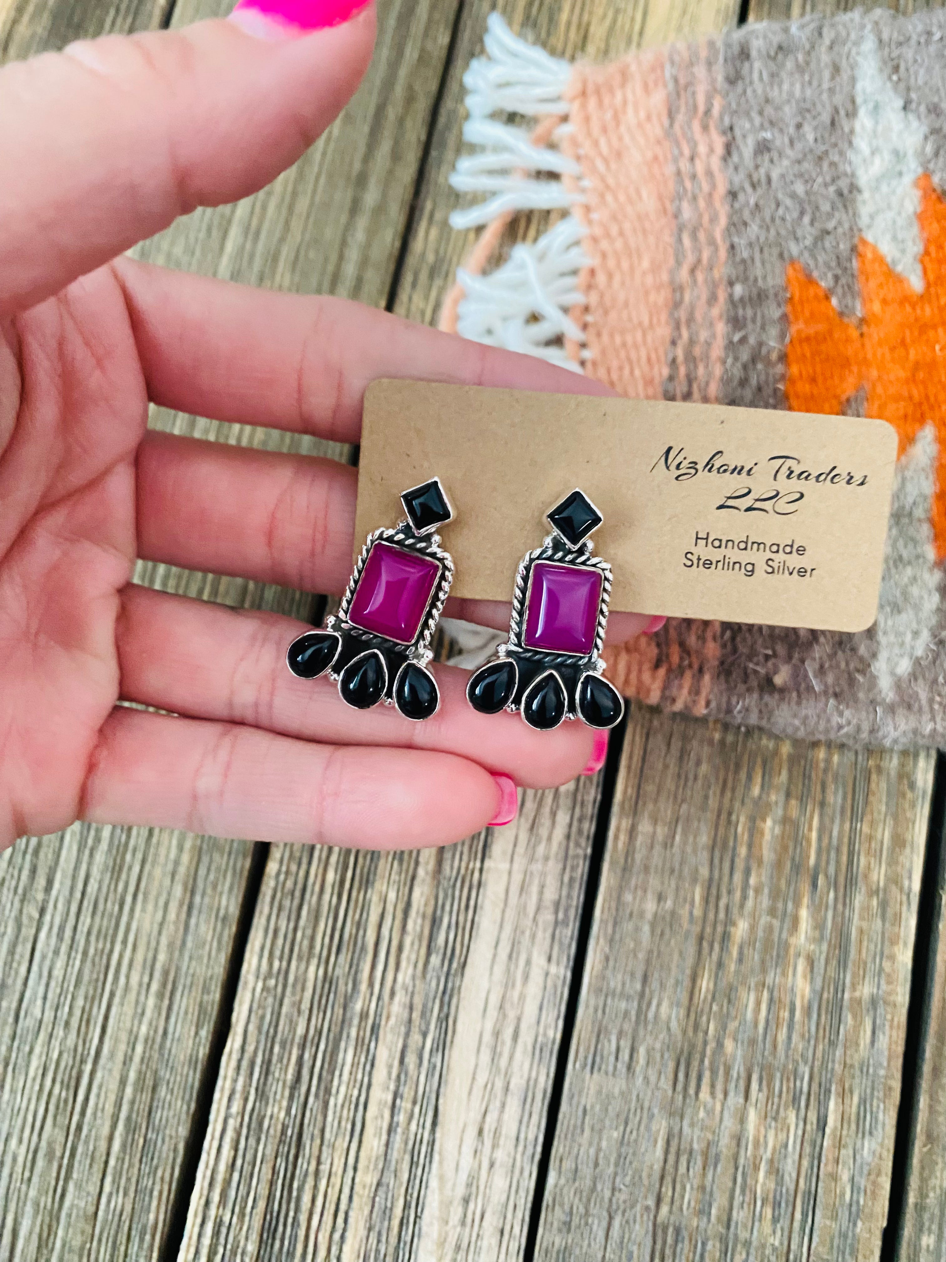 Handmade Pink & Black Onyx Sterling Silver Post Earrings Signed Nizhoni