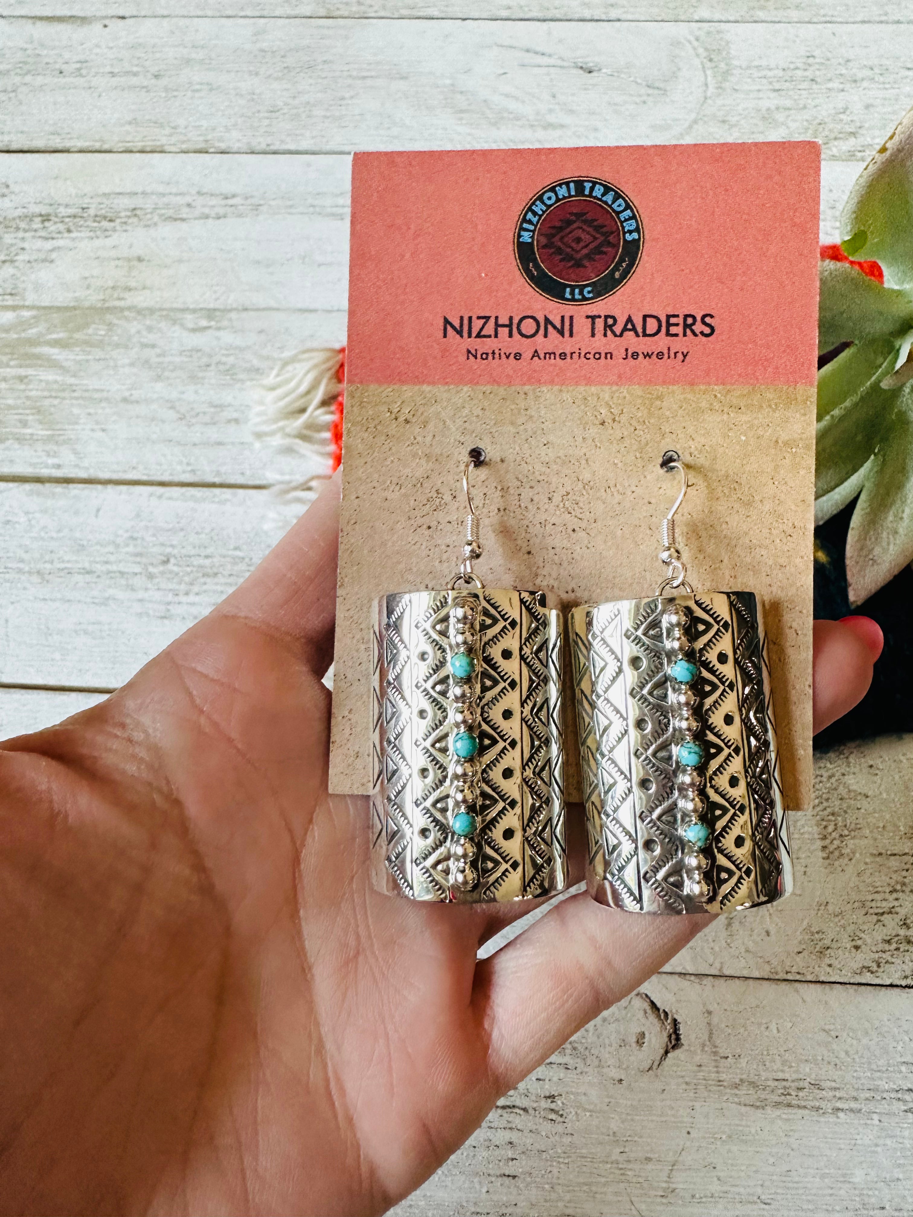 Navajo Hand Stamped Sterling Silver & Turquoise Dangle Earrings