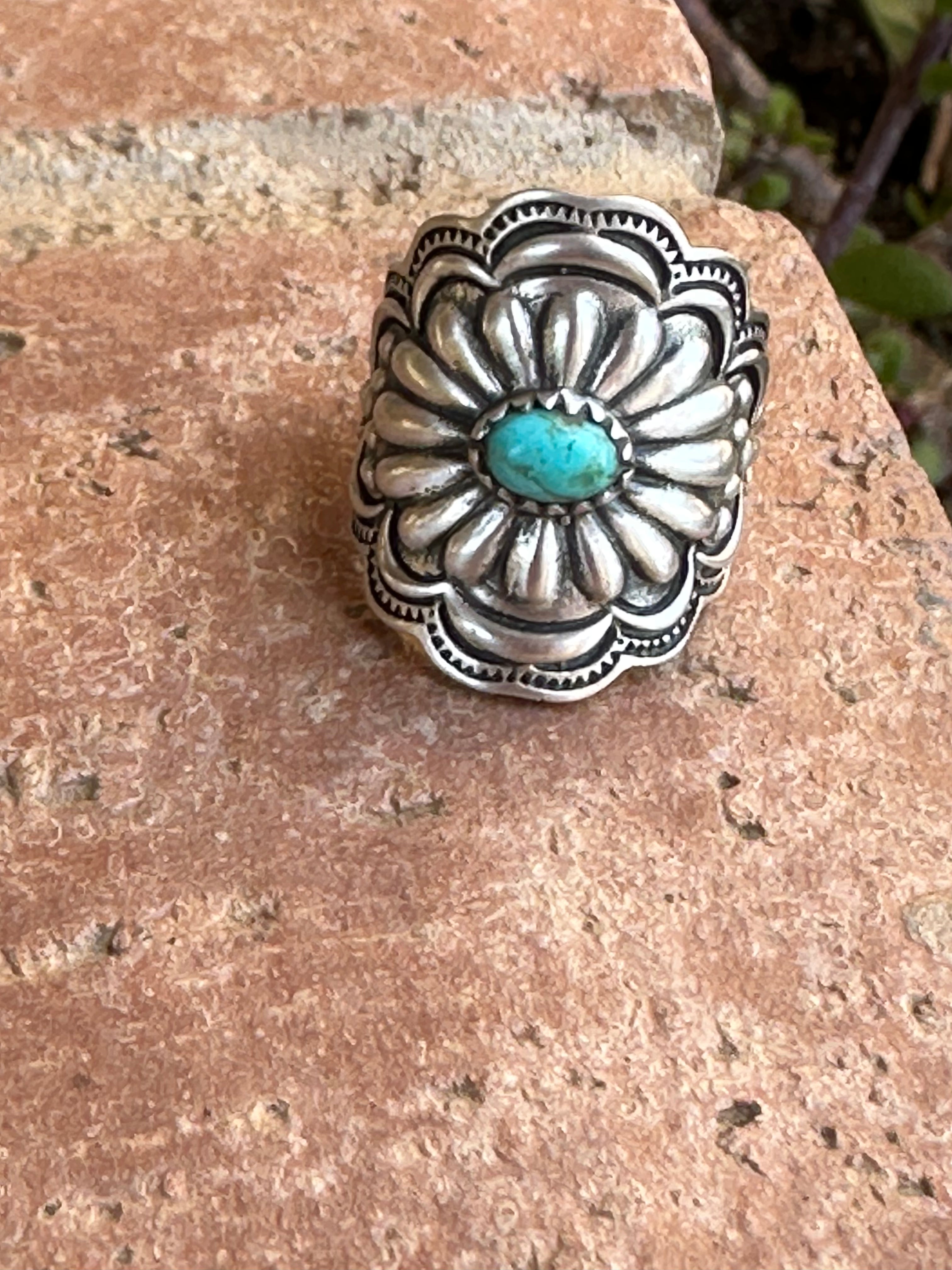 Beautiful Concho Handmade Turquoise And Sterling Silver Adjustable Ring