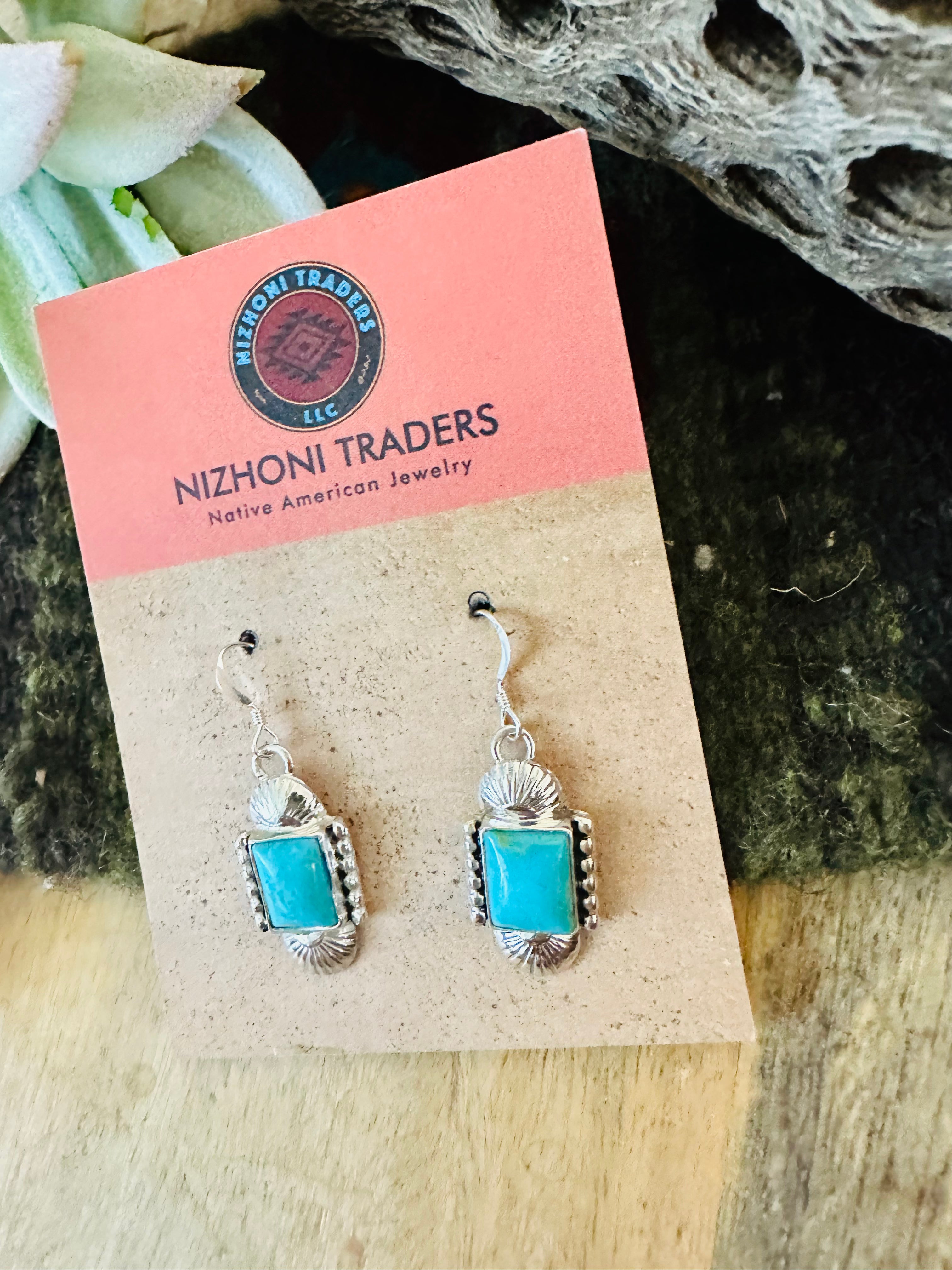 Navajo Turquoise & Sterling Silver Rectangle Dangle Earrings