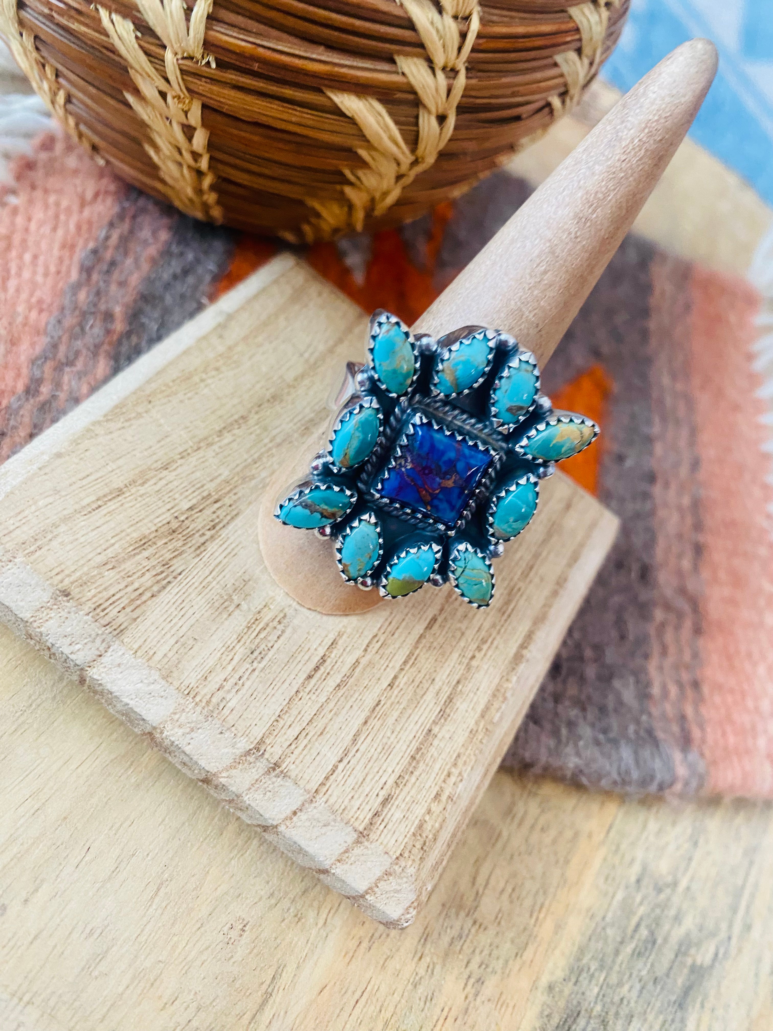 Handmade Sterling Silver, Turquoise & Purple Mojave Cluster Adjustable Ring