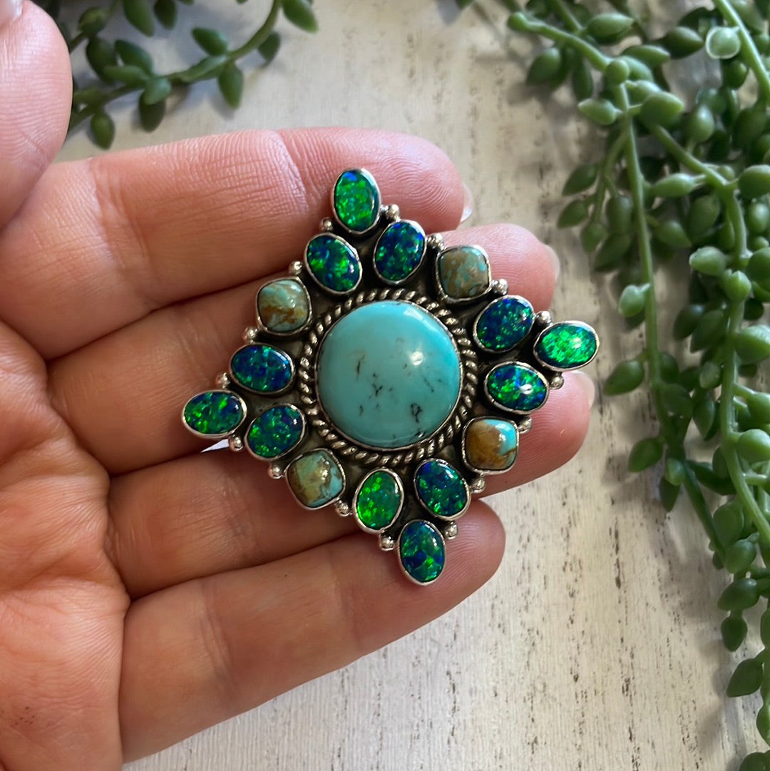 Nizhoni Handmade Fire Opal, Turquoise And Sterling Silver Adjustable Ring