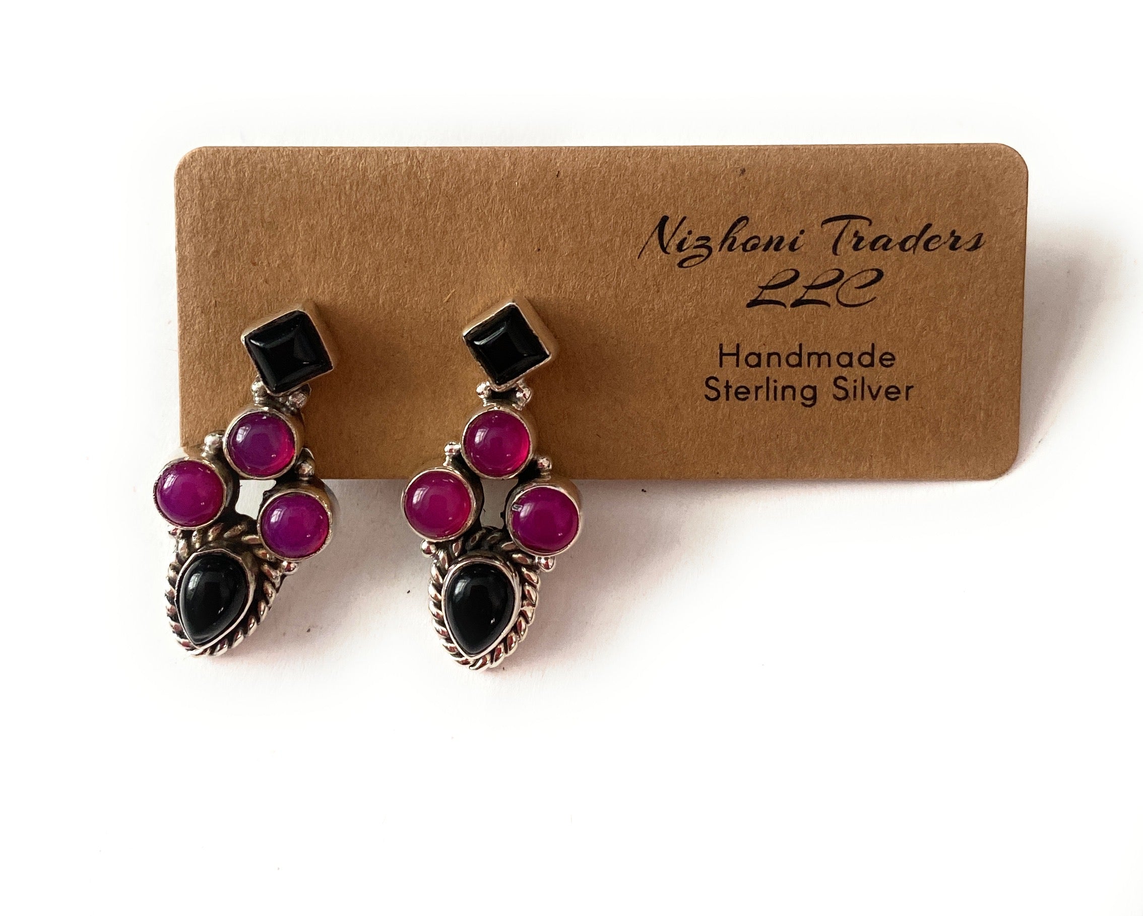 Handmade Pink & Black Onyx Sterling Silver Post Earrings Signed Nizhoni