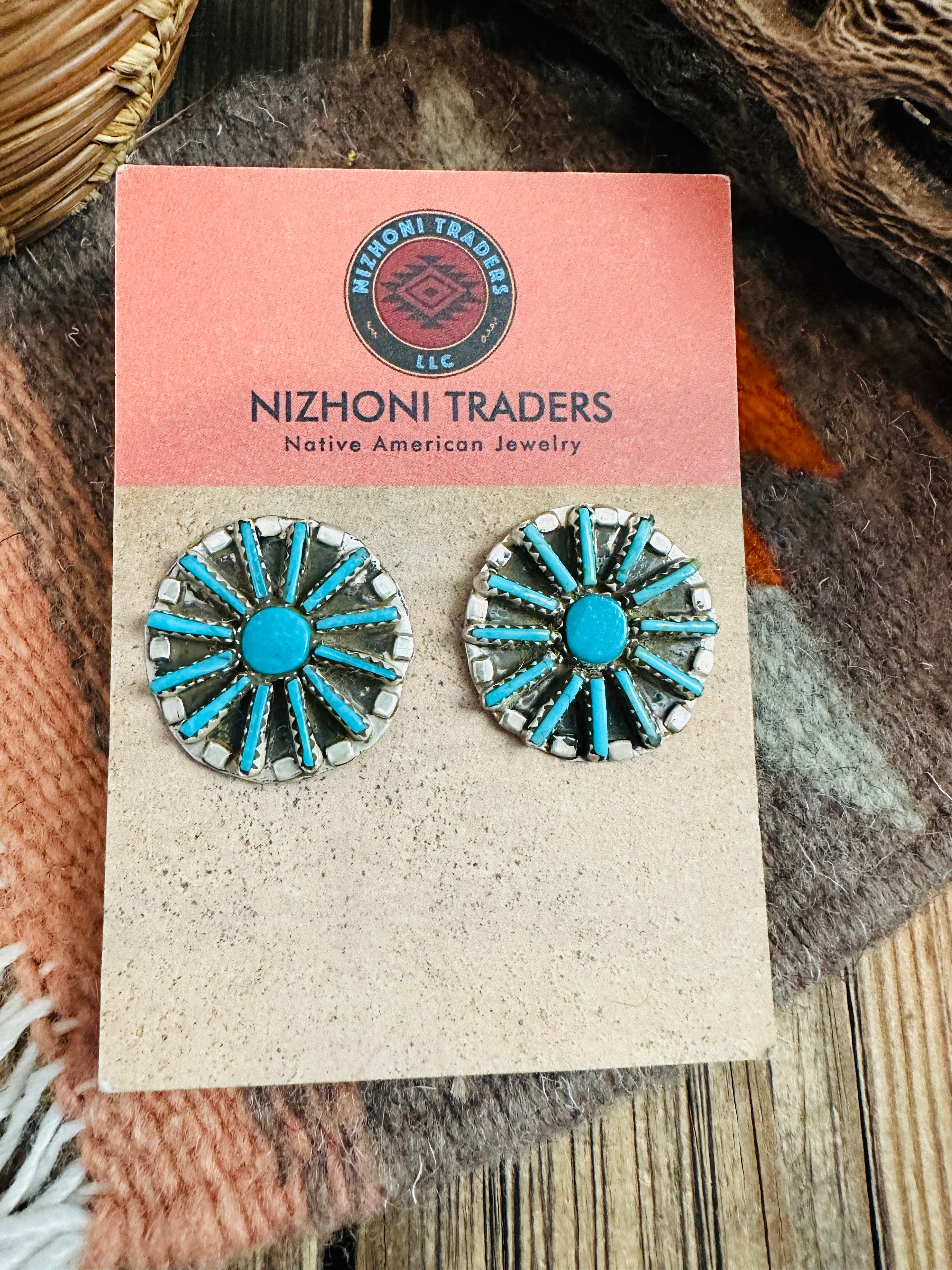 Zuni Sterling Silver & Turquoise Needlepoint Cluster Earrings