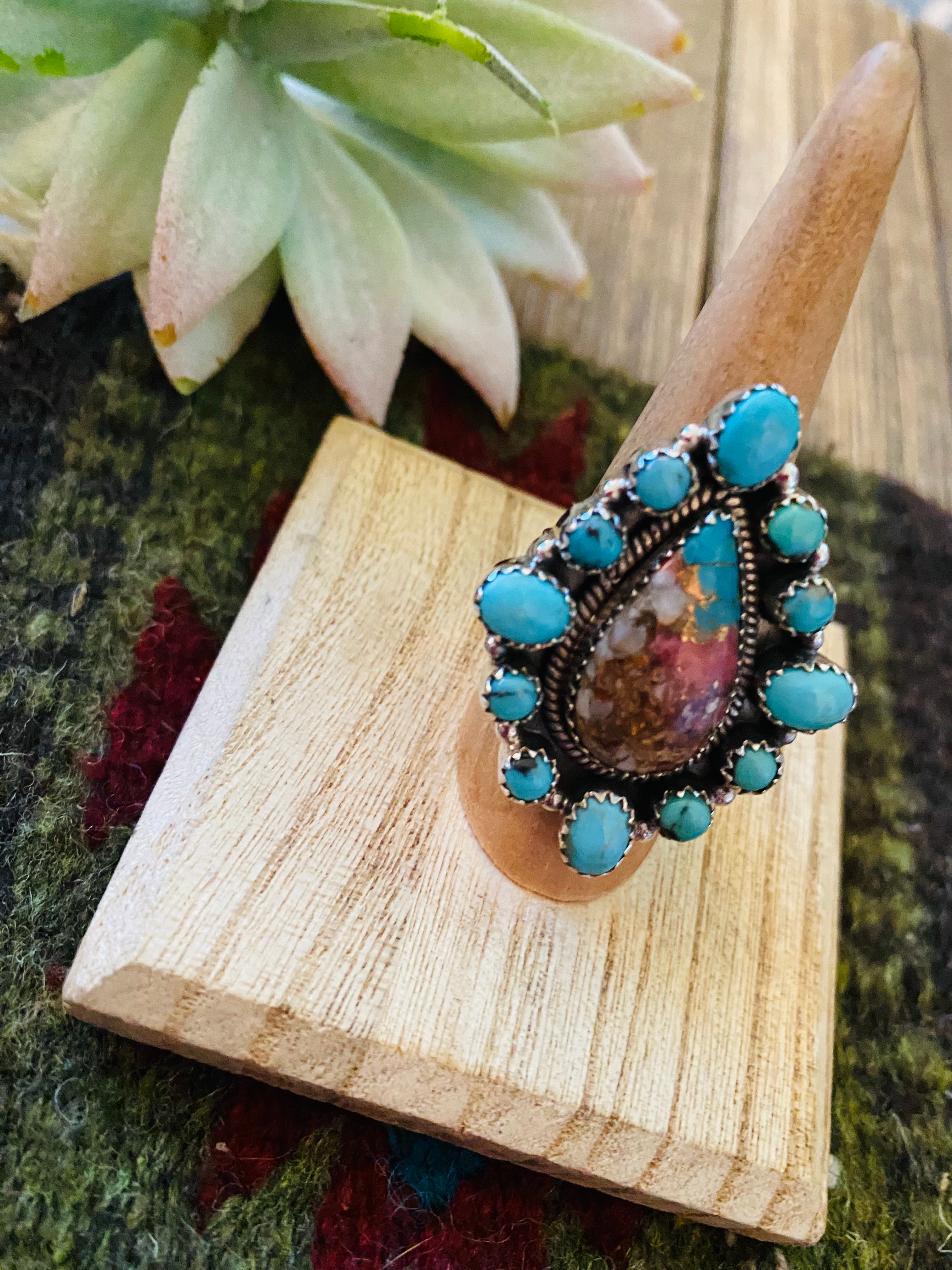 Handmade Sterling Silver, Pink Dream & Turquoise Cluster Adjustable Ring