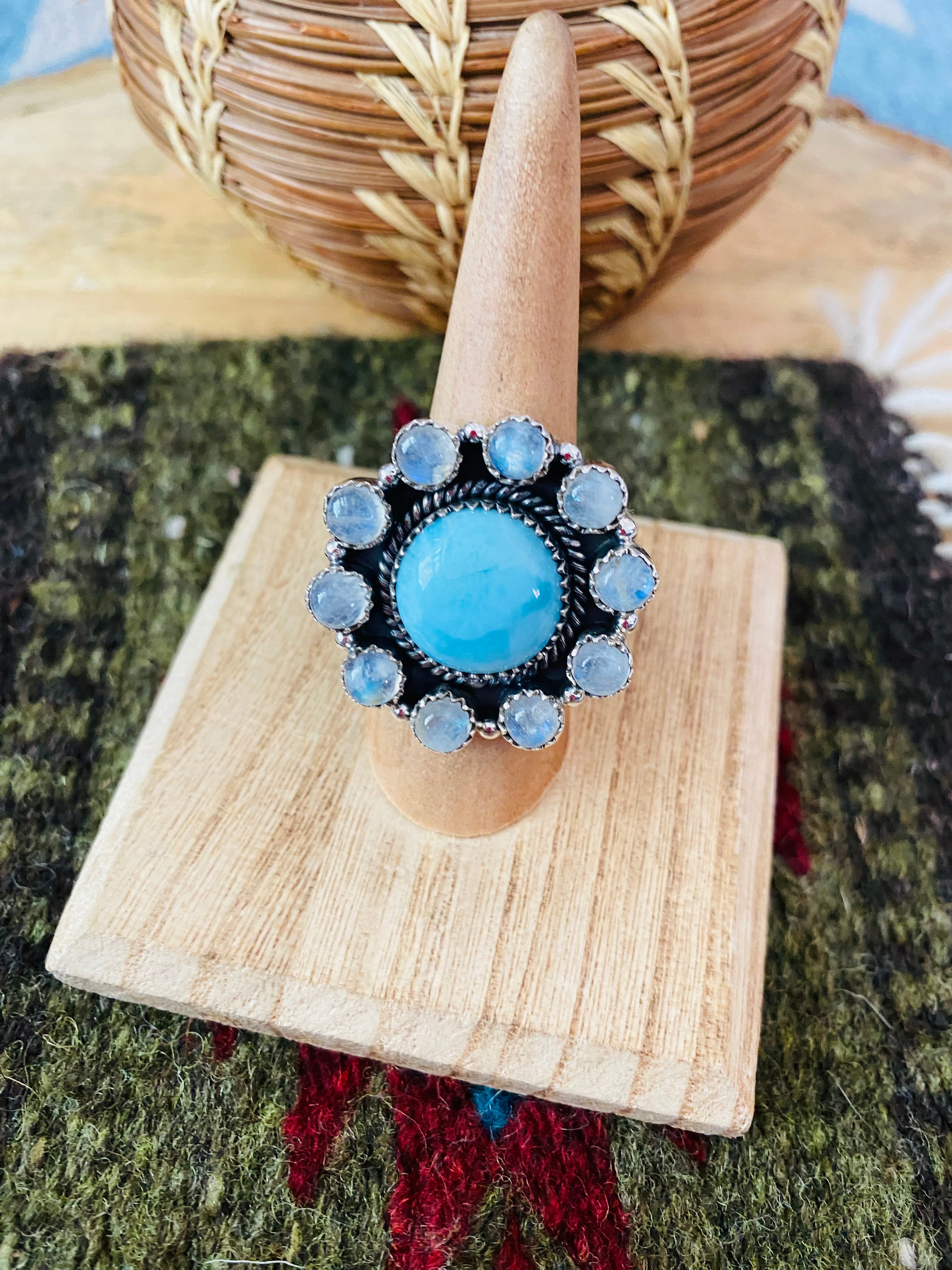 Handmade Sterling Silver, Larimar & Moon Stone Cluster Adjustable Ring