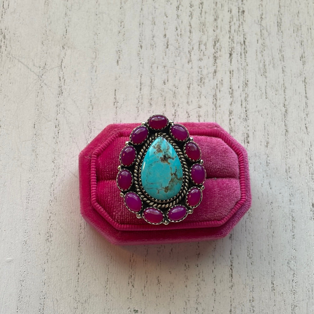 Handmade Pink Onyx & Turquoise Sterling Silver Adjustable Ring Signed Nizhoni