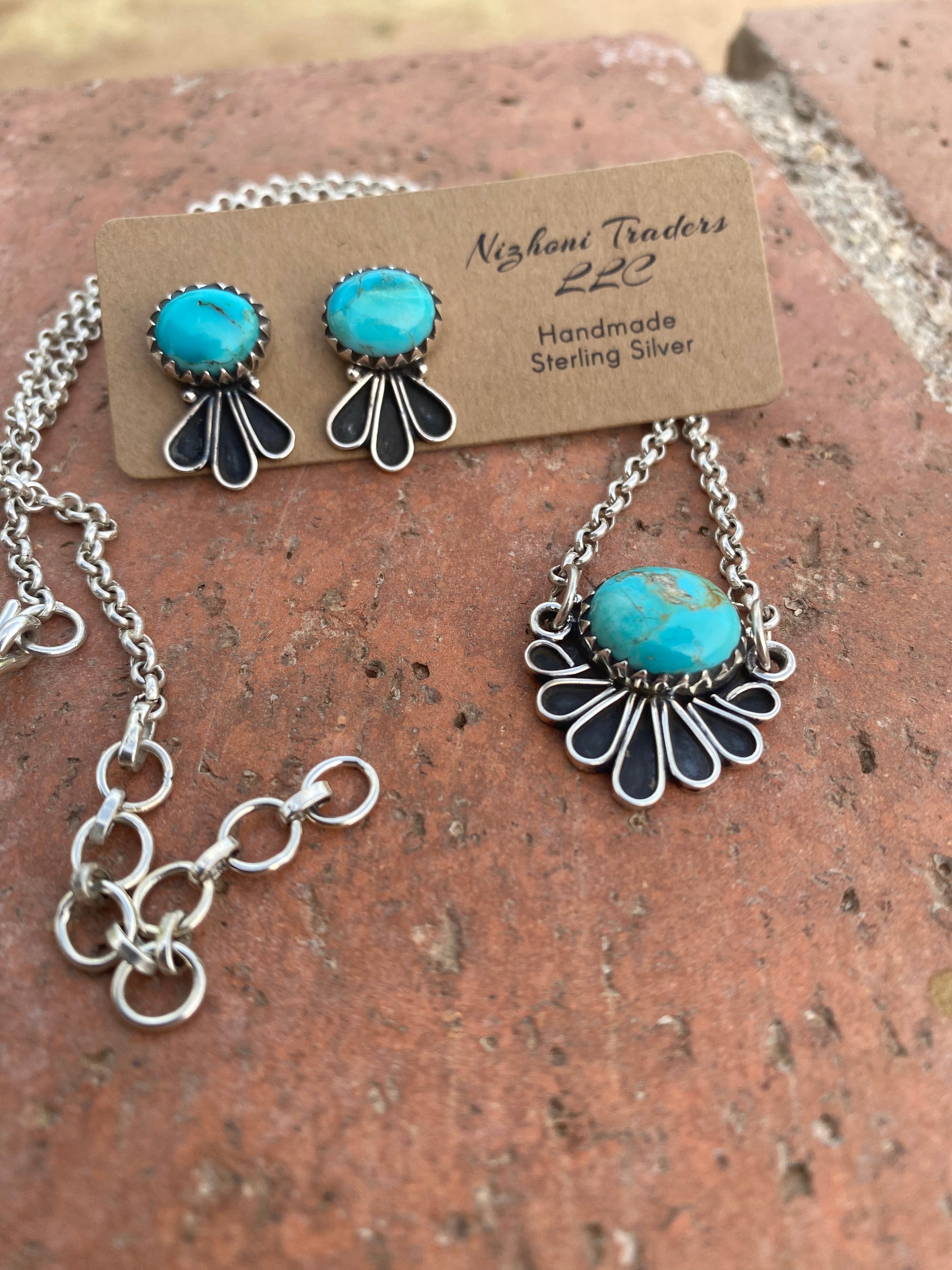 Handmade Sterling Silver & Kingman Turquoise Necklace Set