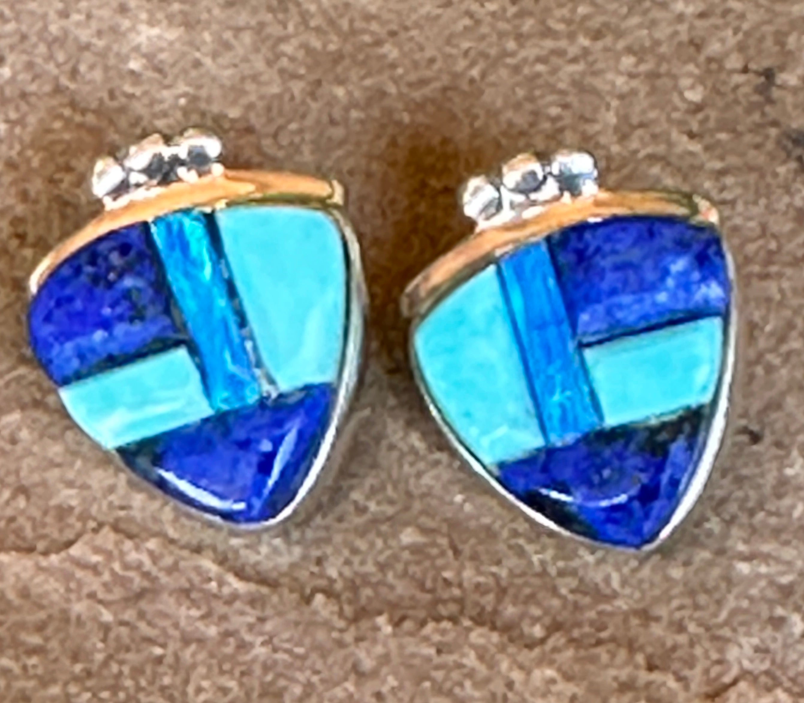 Handcrafted Lapis, Turquoise, Blue Triangle Berry Earrings