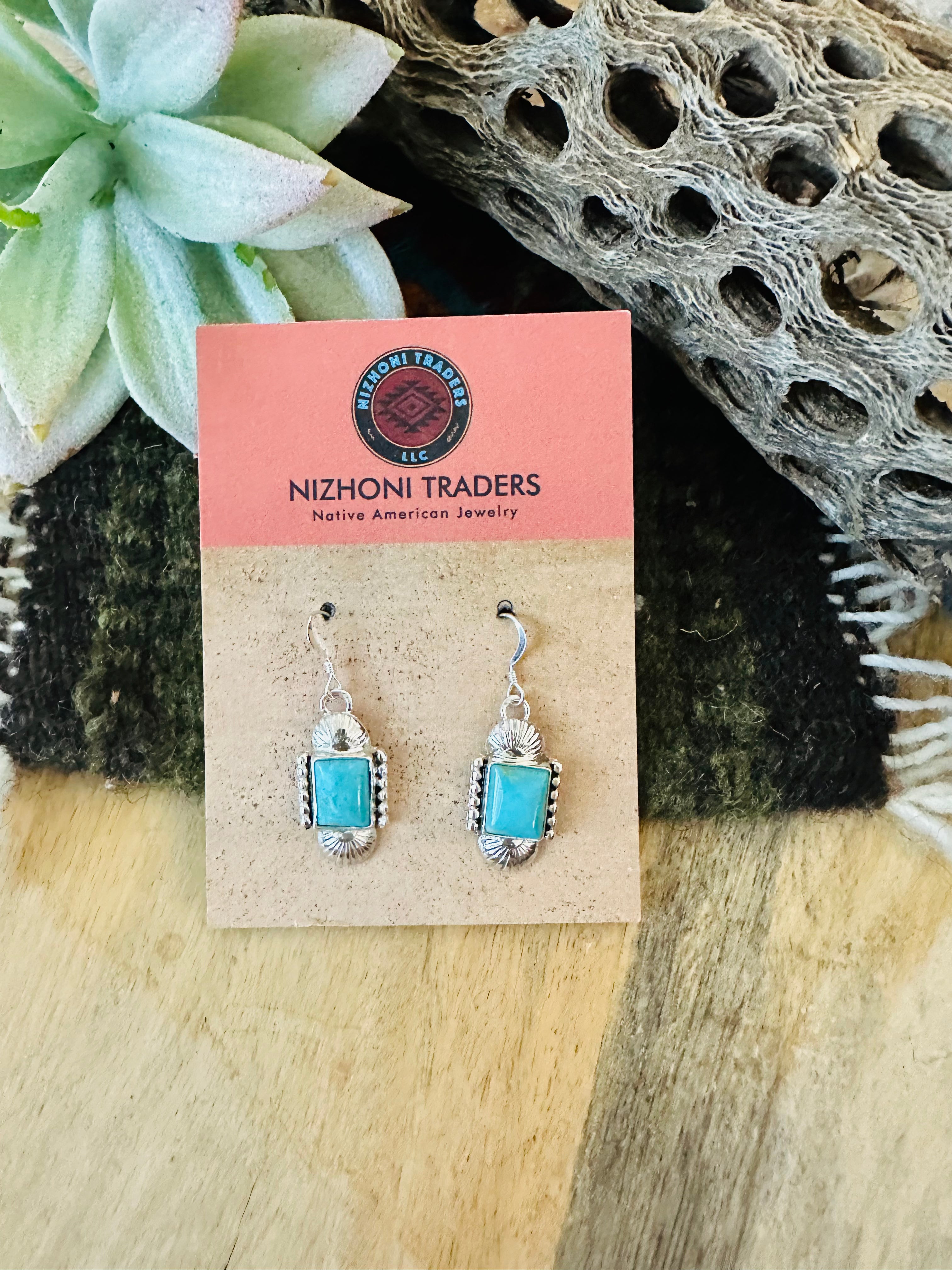 Navajo Turquoise & Sterling Silver Rectangle Dangle Earrings