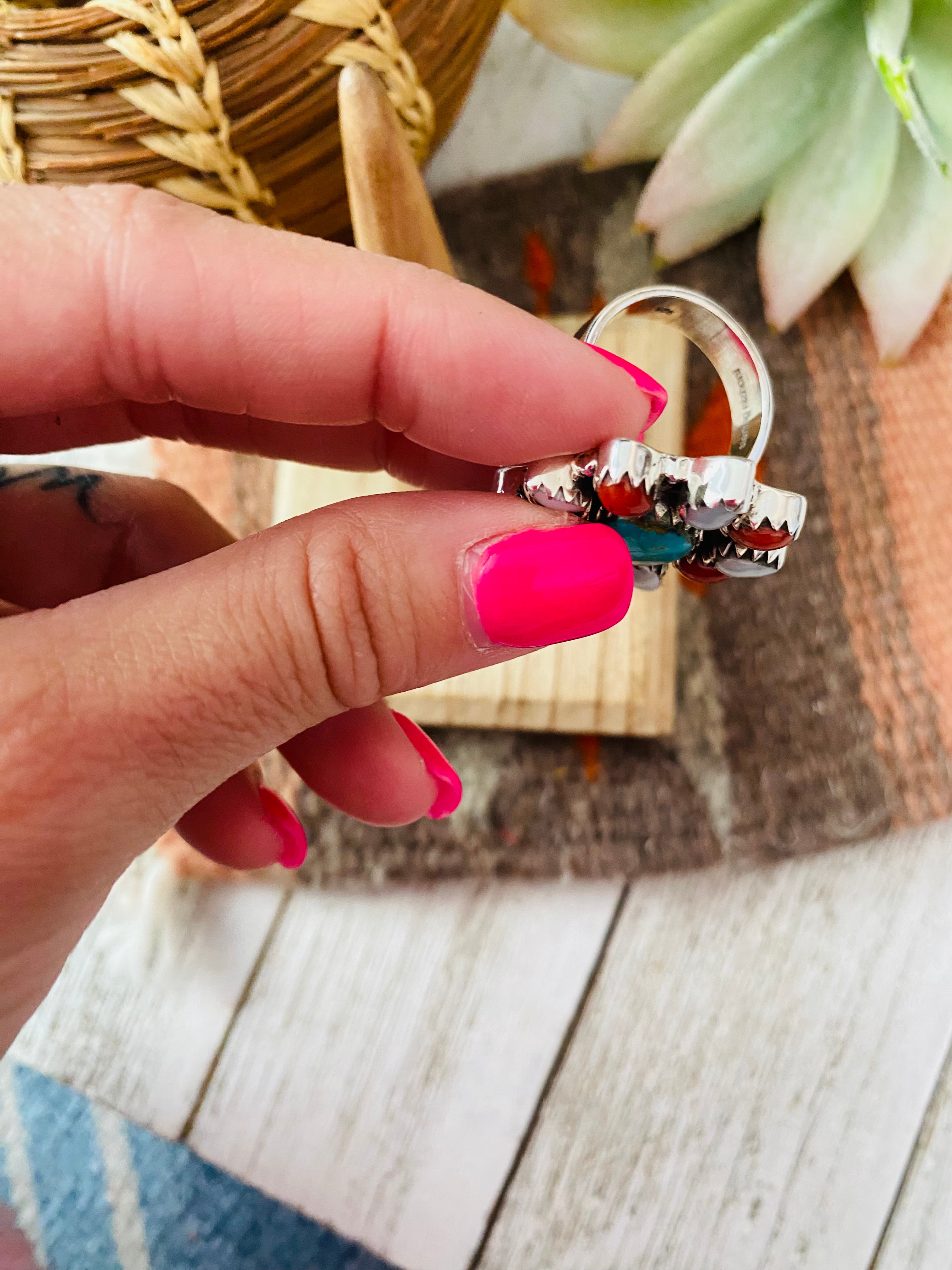 Handmade Sterling Silver & Multi Stone Cluster Adjustable Ring