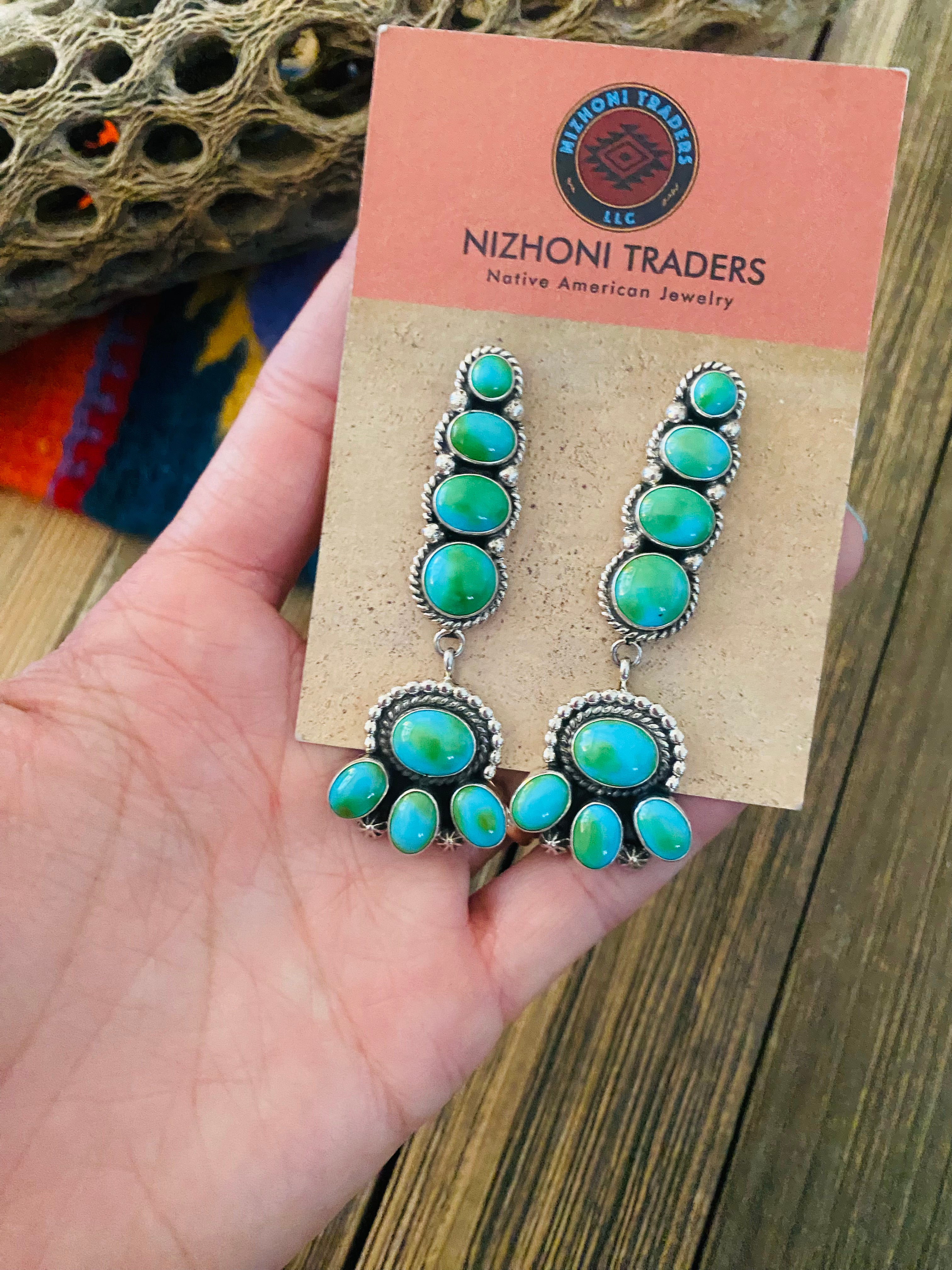 Navajo Sterling Silver & Sonoran Gold Turquoise Dangle Earrings by Lucinda Linkin