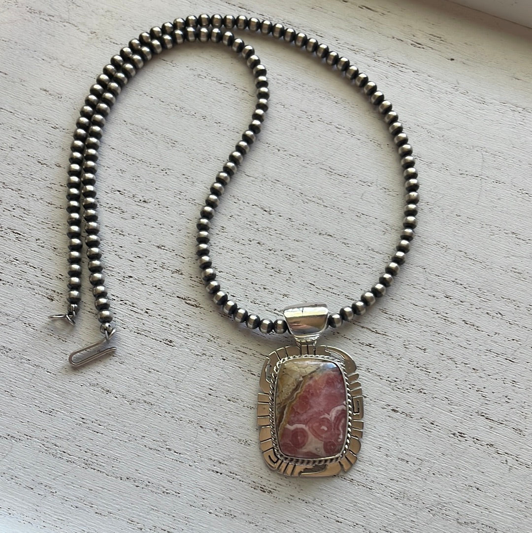 Navajo Sterling Silver & Rhodochrosite Pendant Signed