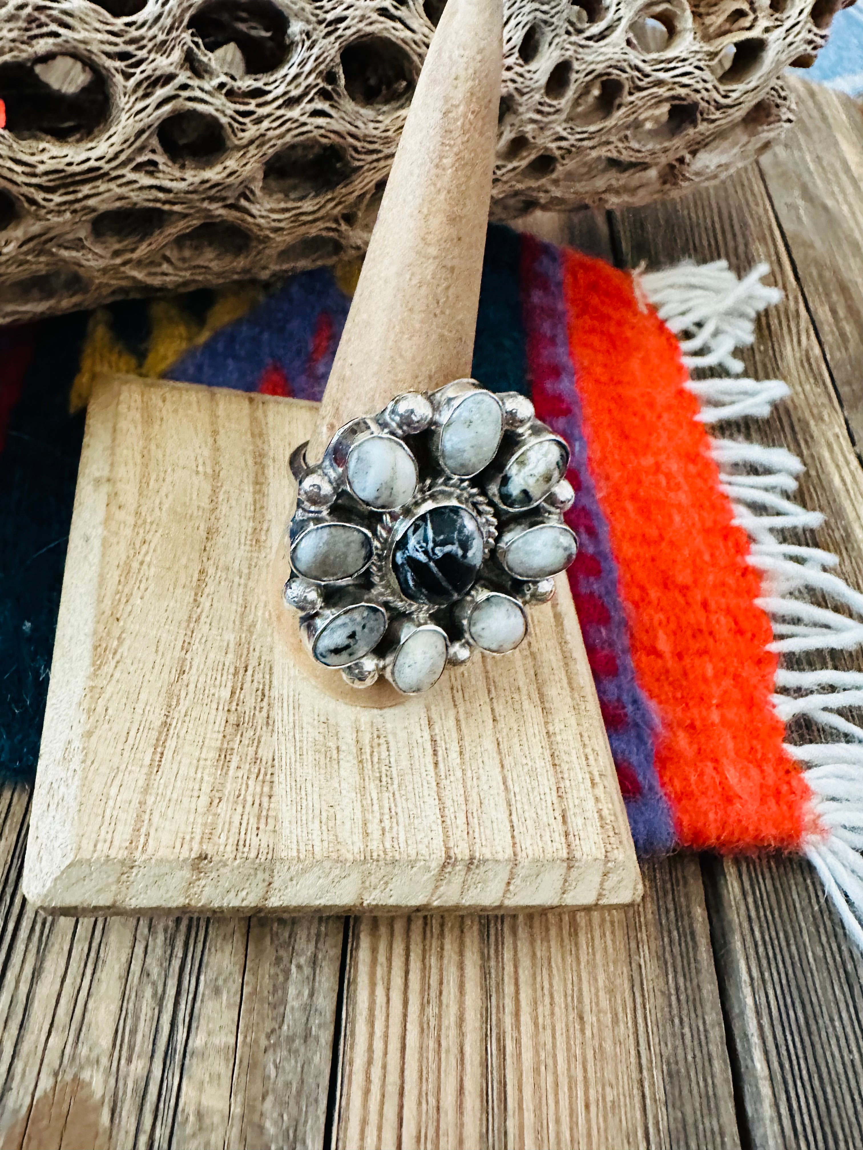 Navajo Sterling Silver And White Buffalo Cluster Adjustable Ring