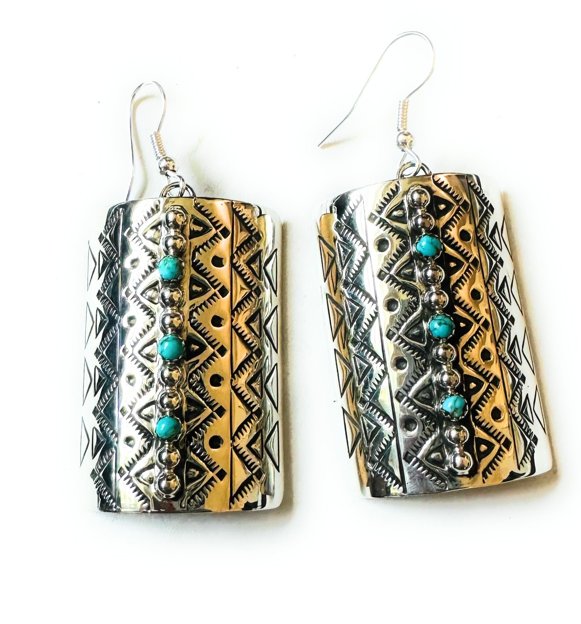 Navajo Hand Stamped Sterling Silver & Turquoise Dangle Earrings