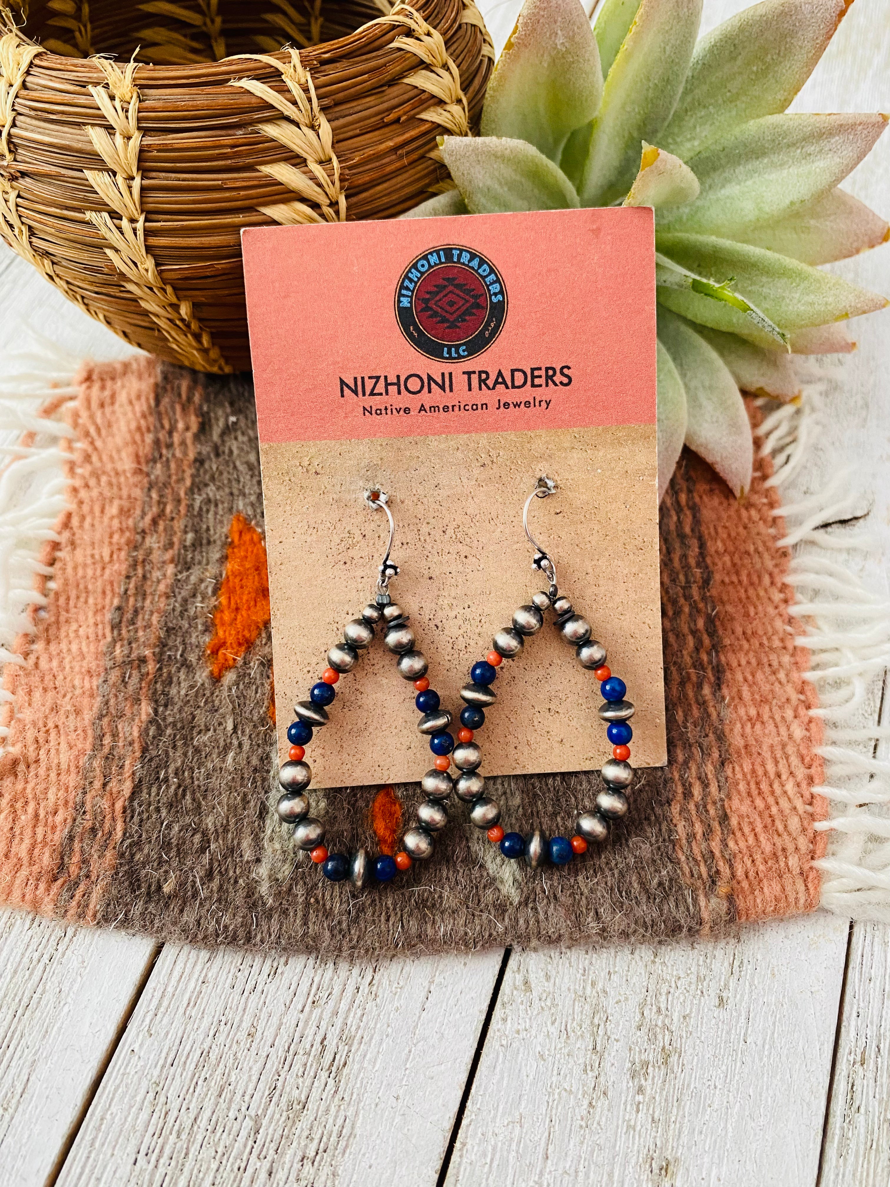 Handmade Coral, Lapis And Sterling Silver Beaded Dangle Earrings