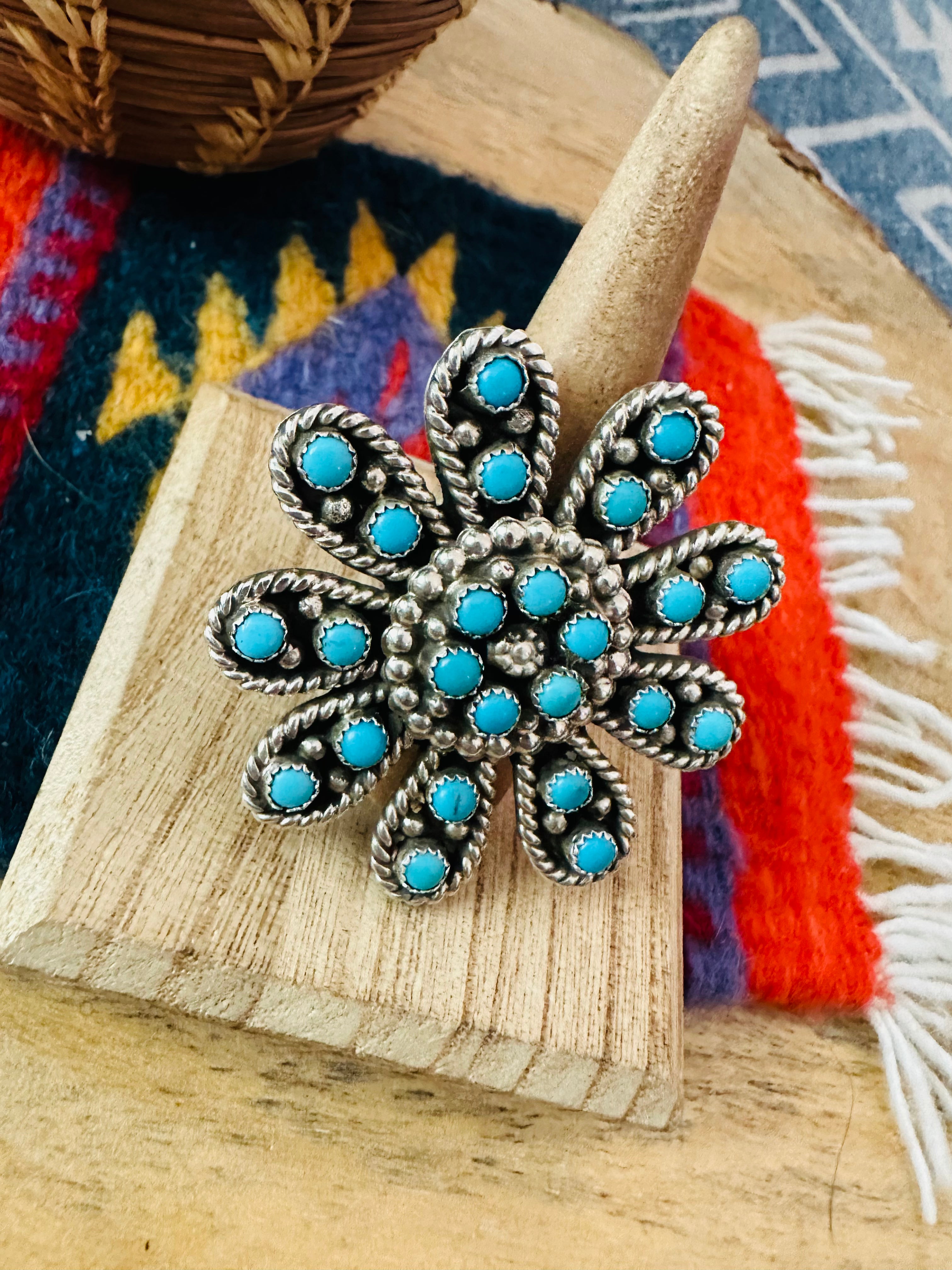 Navajo Turquoise & Sterling Silver Flower Adjustable Ring