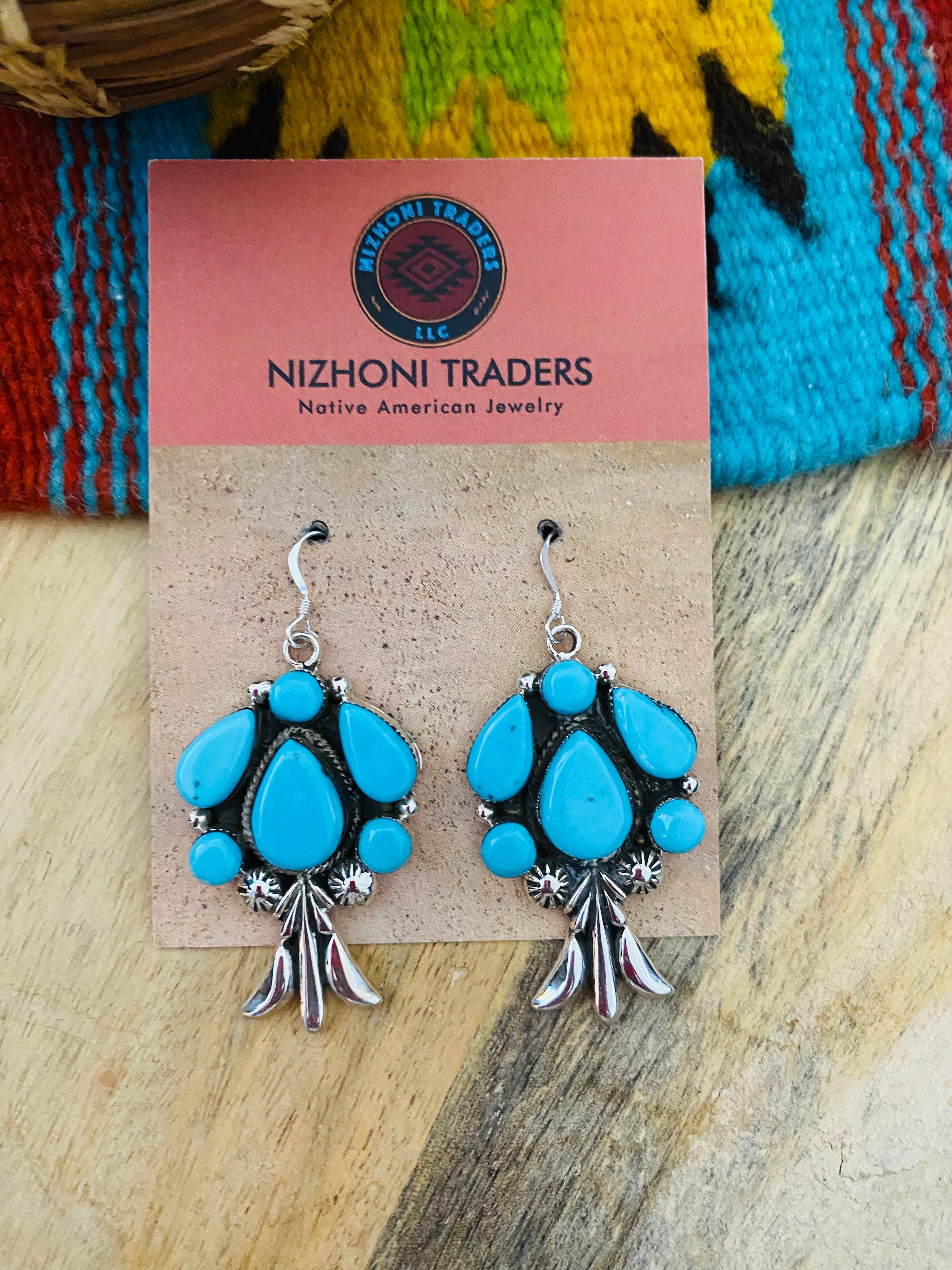 Navajo Sterling Silver & Turquoise Cluster Dangle Earrings