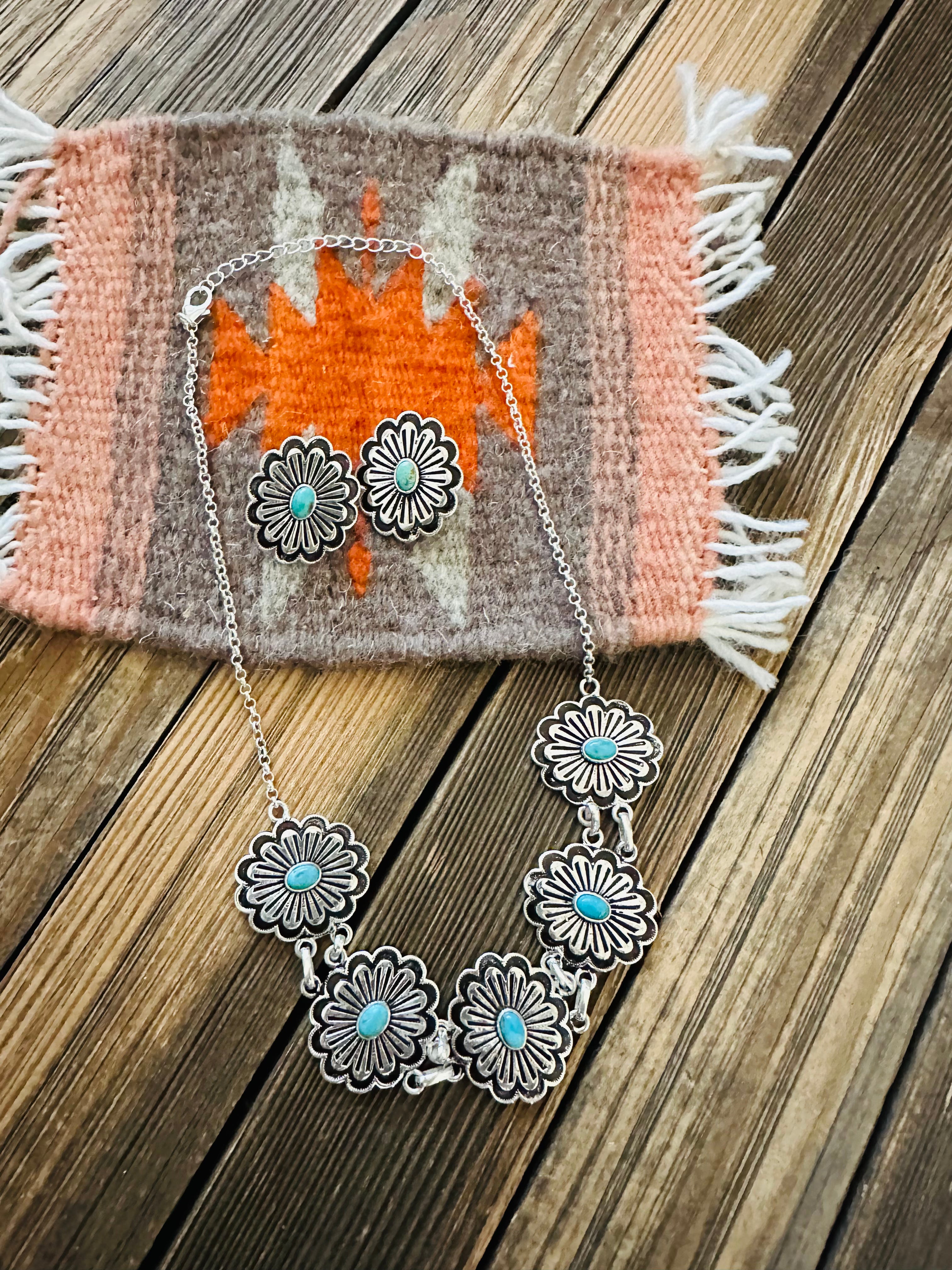 Handmade Sterling Silver & Turquoise Flower Necklace Set