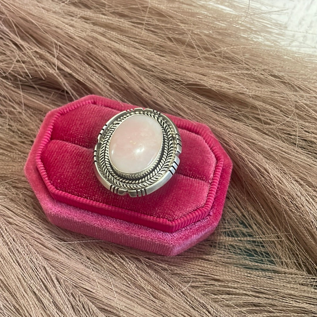 Gorgeous Navajo Pink Peruvian Opal And Sterling Silver Adjustable Ring