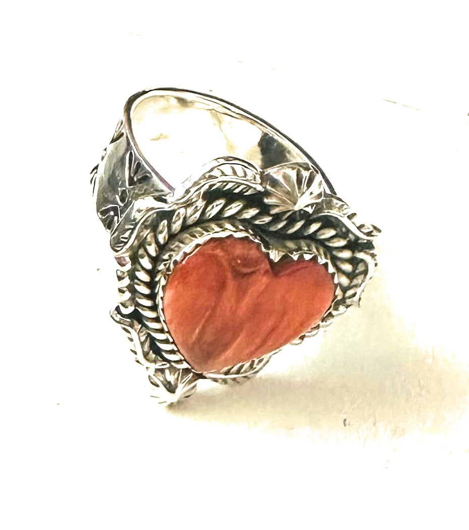 Handmade Sterling Silver & Orange Spiny Heart Adjustable Ring