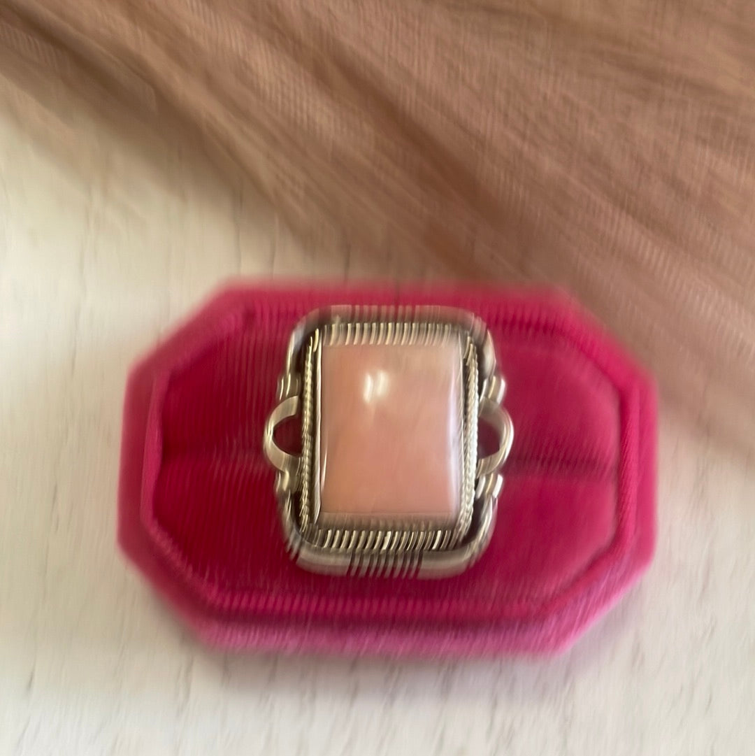 Gorgeous Navajo Pink Peruvian Opal And Sterling Silver Adjustable Ring