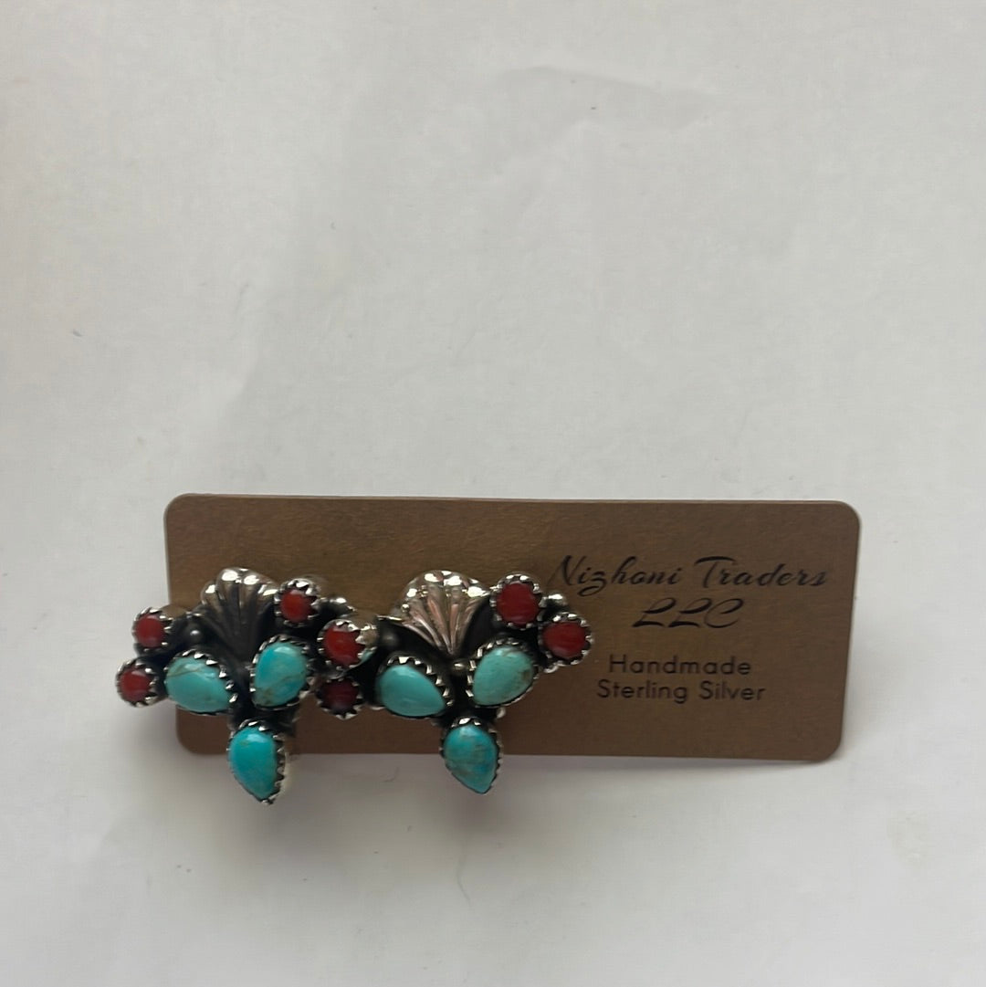 “The Prickly Earring” Handmade Sterling Silver, Turquoise & Coral Cactus Earrings